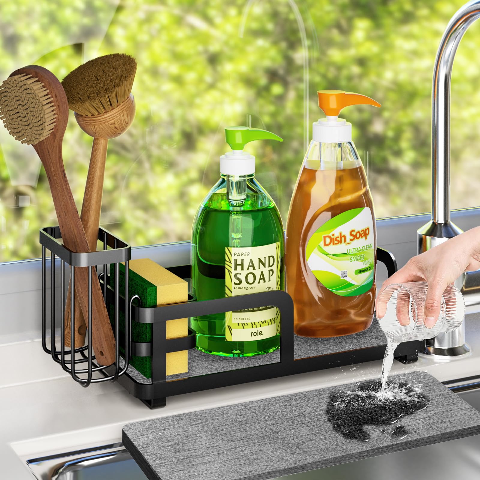 Kitchen Sink Caddy Organizer for Instant Dry Rustproof Sponge Holder Dish Soap Tray with Diatomaceous Earth Countertop Brush