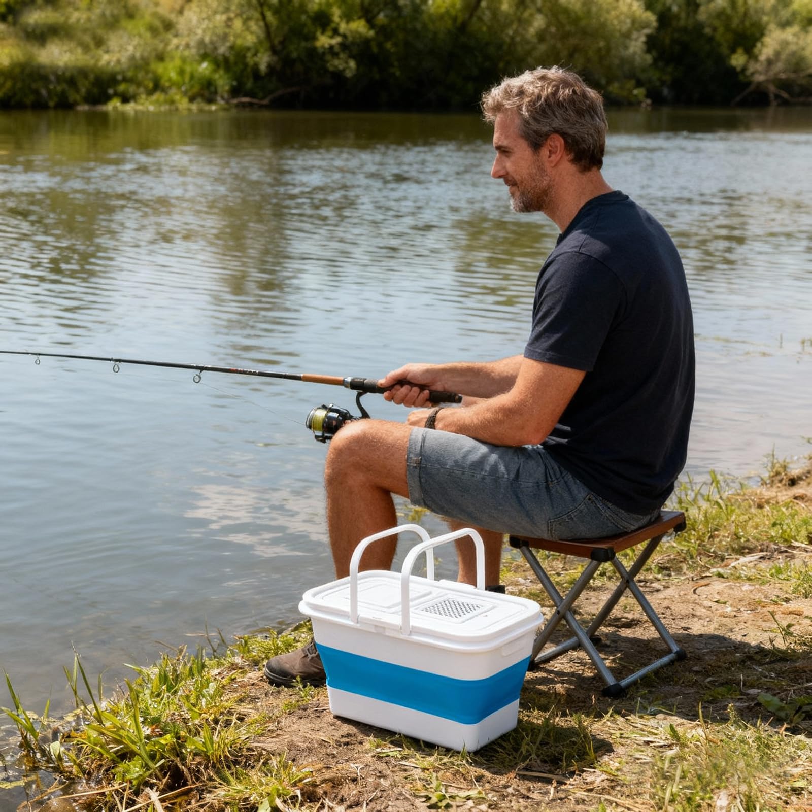 Secchio pieghevole portatile da pesca con mini pompa di ossigeno, secchio multifunzionale con rete traspirante salvaspazio, per viaggi all'aperto, escursionismo, pesca