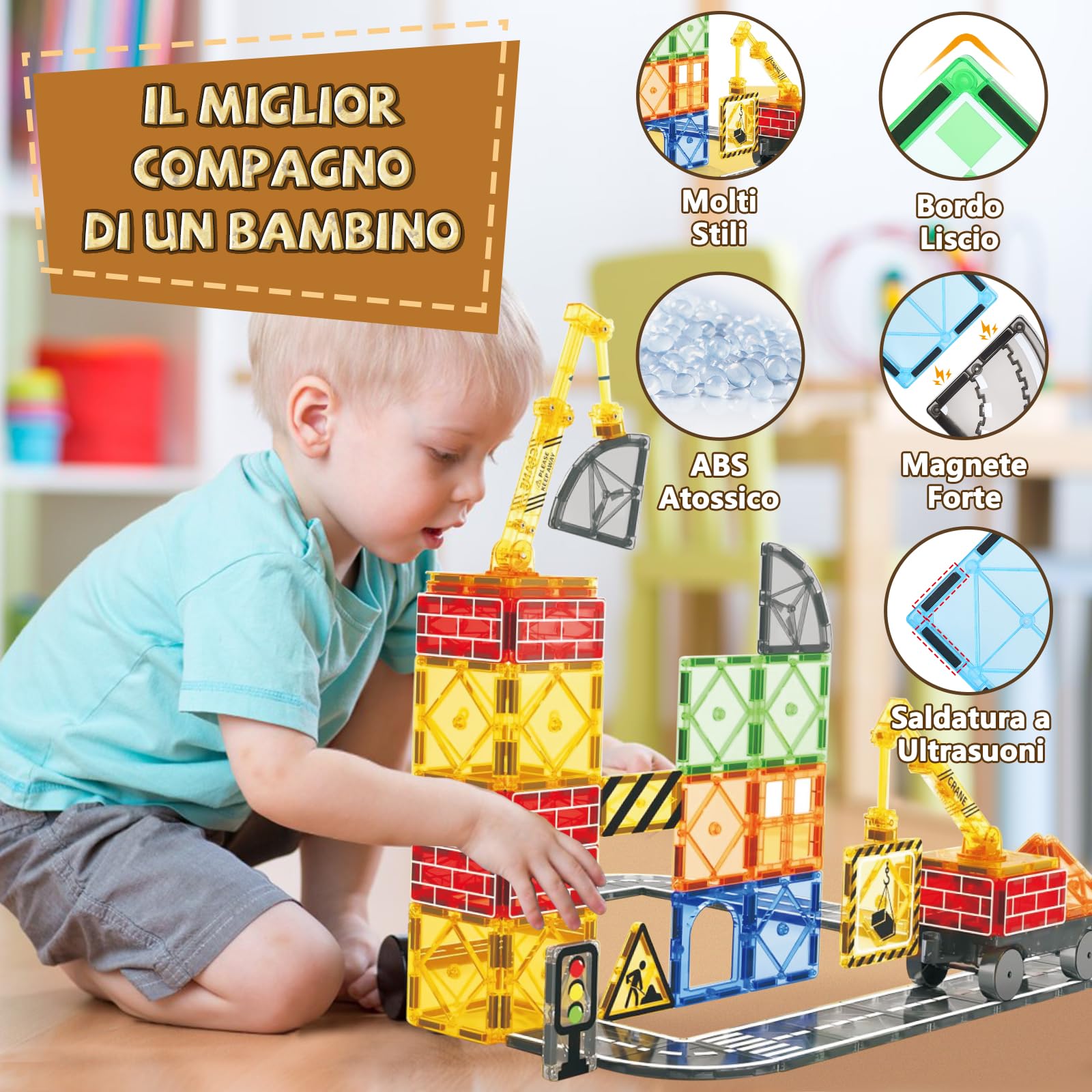 BuzzoXerex Costruzioni Magnetiche, 70 Pezzi di Tessere Magnetiche per Tematici il Trasporto Urbano, Magneti Bambini con Gru Telescopica, Giochi Magnetici per Bambini di 3 4 5 Anni