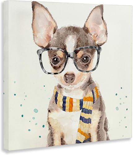 Miniatura 3 de Stupell Industries Hipster Chihuahua Puppy con gafas y bufanda acuarela, diseño de Main Line Studio Arte de pared, 24 x 24 pulgadas, multicolor