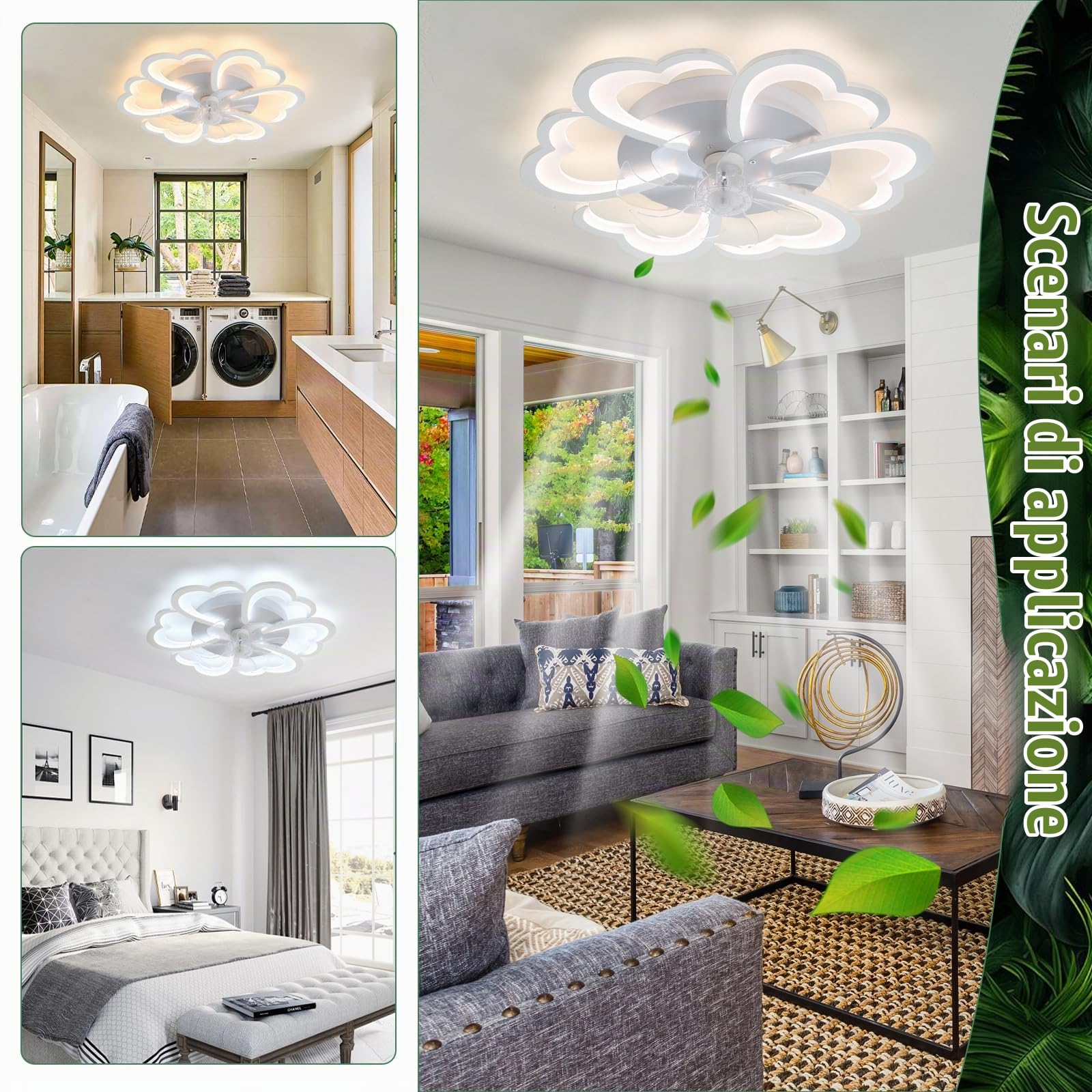 Ventilatore da Soffitto con Luce e Telecomando Silenzioso, Lampadario Ventilatore da Soffitto LED Dimmerabile 6 Velocità 72 W, Plafoniera Creativa a Forma di Fiore in Acrilico con Ventola-White
