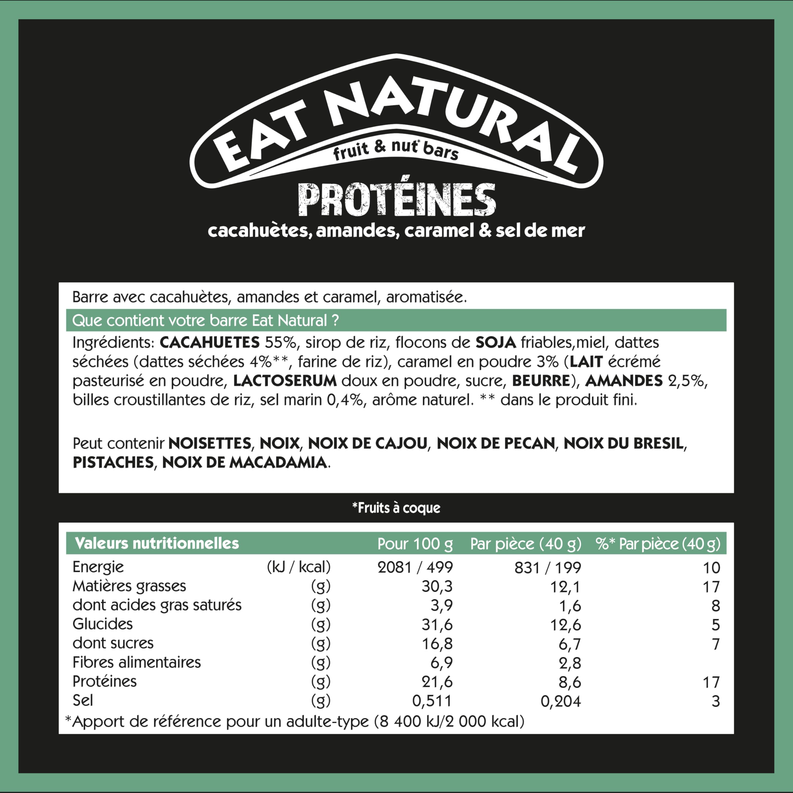 EAT NATURAL - Barres sans gluten & protéinées - Cacahuètes, amandes, caramel & sel de mer - 12 barres de 40g