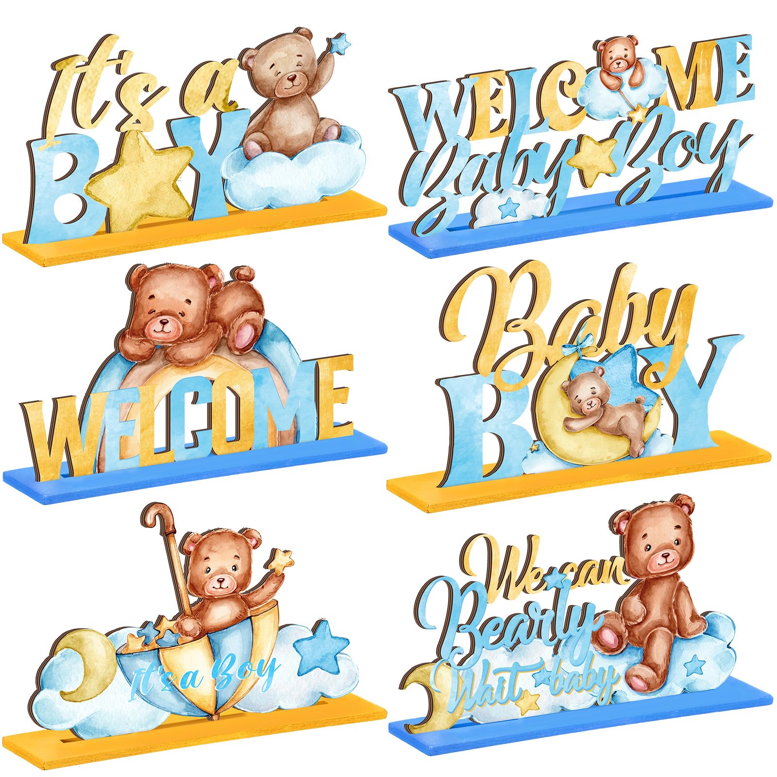 6 Pcs Bear Baby Shower Table Wooden Decorations Bear Centerpieces for Tables Gender Reveal Boy Baby Shower Centerpiece Birthday Party Supplies