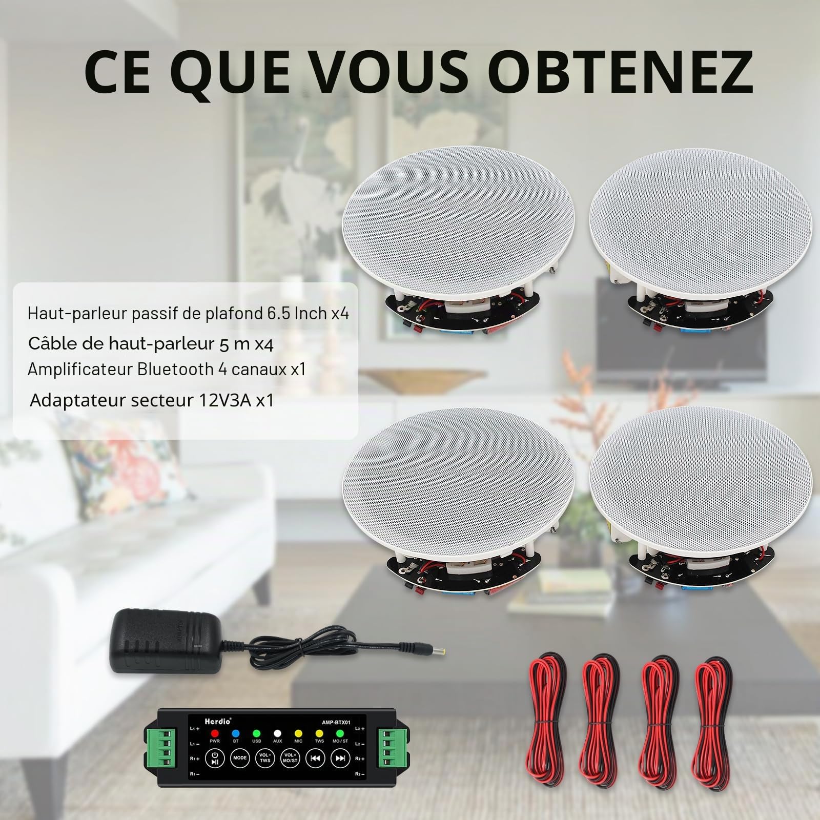 Herdio Enceintes Plafond Bluetooth 600 Watts 6,5 Pouces 4 Haut-parleurs