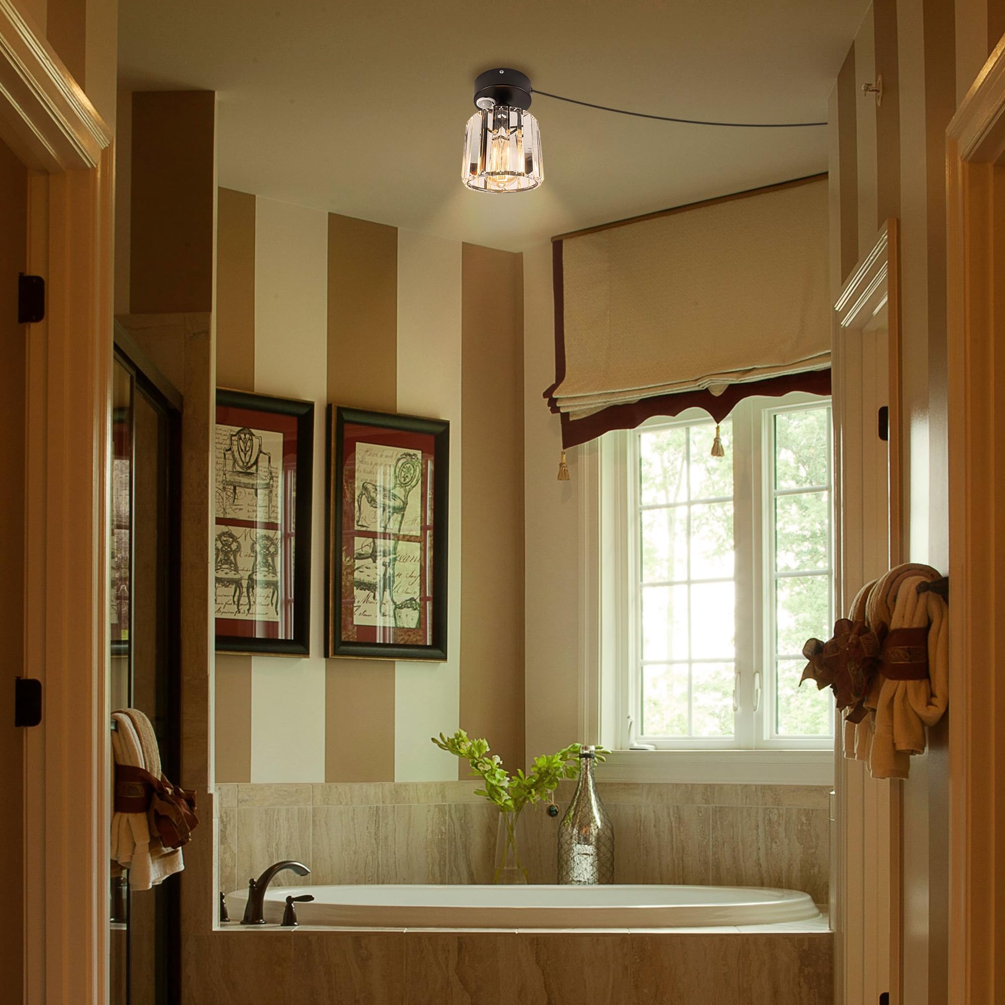 Plafoniera con sensore di movimento interno, moderna lampada da soffitto in cristallo, sensore di movimento con cavo da 4,5 m e portalampada E27, per corridoio, bagno, scale, garage, nero