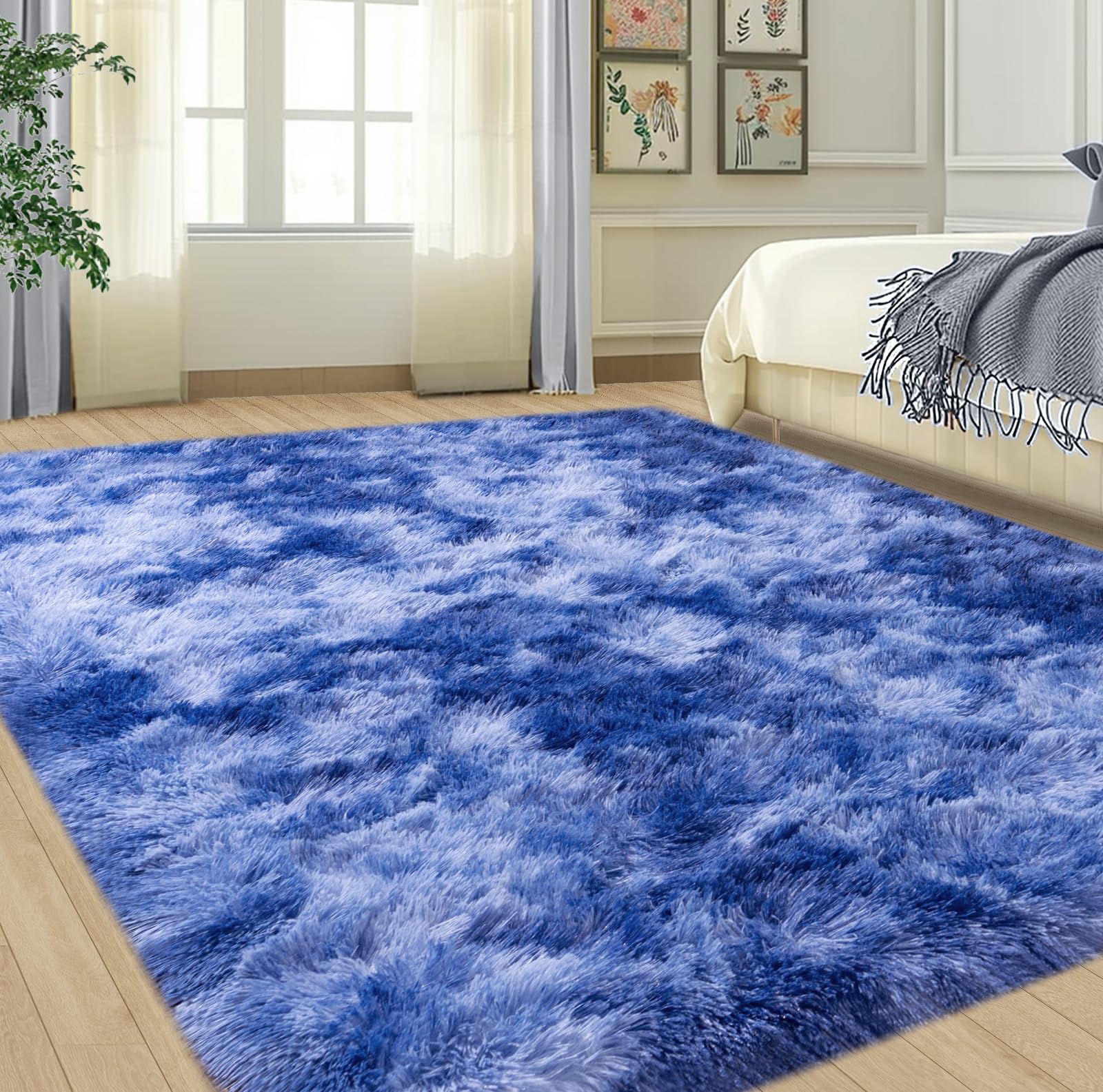 4x6 Blue Rugs for Bedroom, Kids Playroom Tie-dye Royal Blue Area Rugs for Boys Girls Teen Home Decor, Soft Fluffy Fuzzy Plush Shag Bedside Floor Living Room Carpet — image 1
