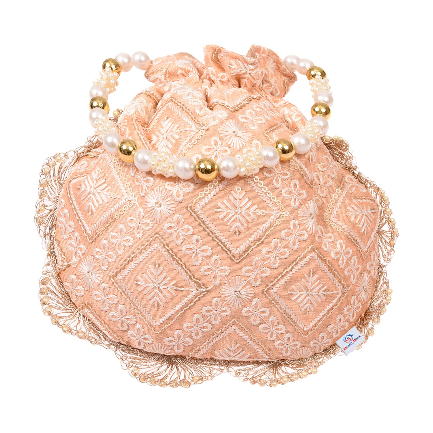Potli | Silk Fabric Zig Zag Embroidery Potli | Heavy Zari Work Potli | Traditional Indian Beads Drawstring Bags for Wedding | Shagun | Peach-image-36