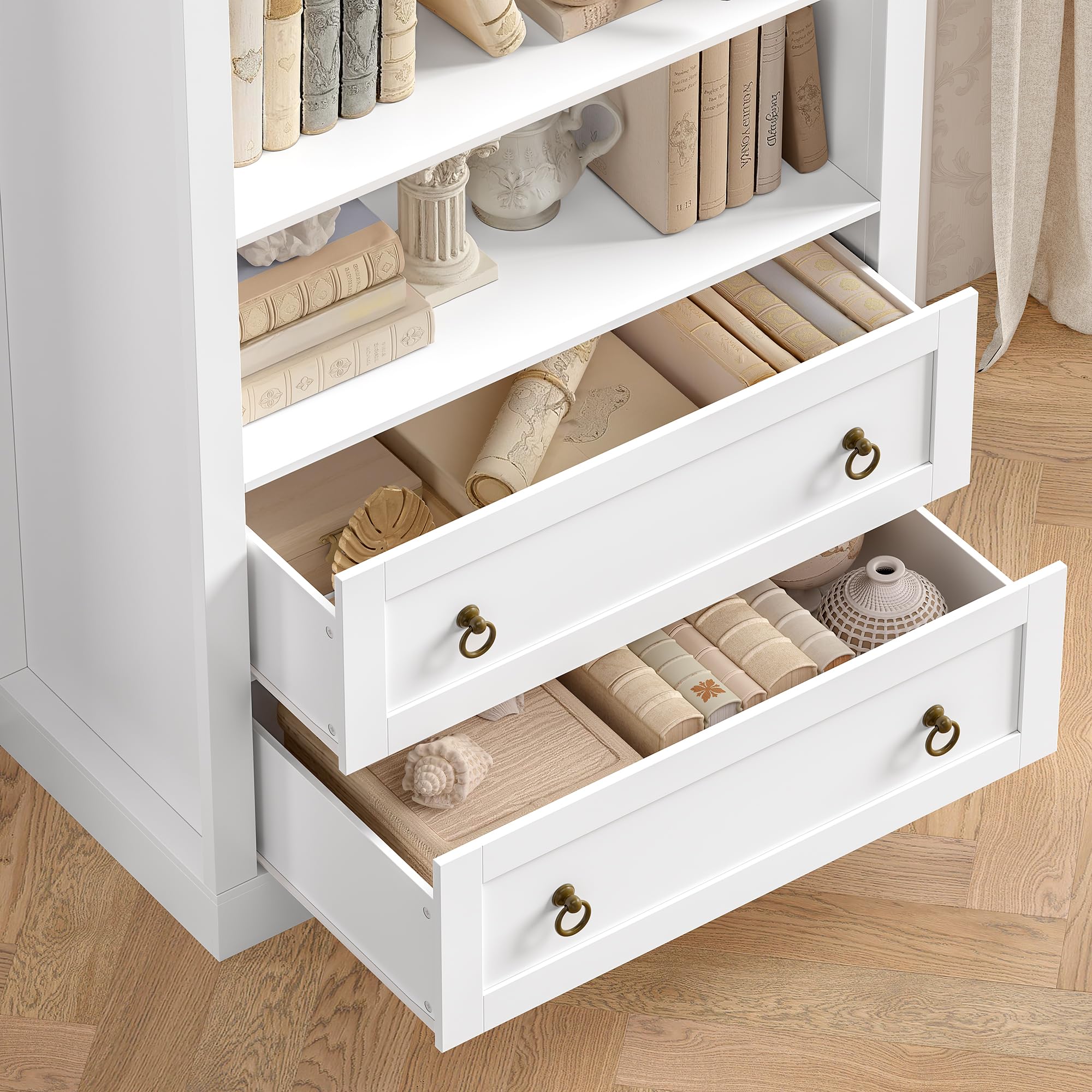 FirFurd 177 cm Libreria Verticale, Libreria ad Arco a 2 Cassetti, Vetrina Espositiva con 4 Scomparti Aperti, Scaffale ad Arco, per Soggiorno, Studio, Ufficio, Cucina, 79,5x36x177 cm (Bianco)