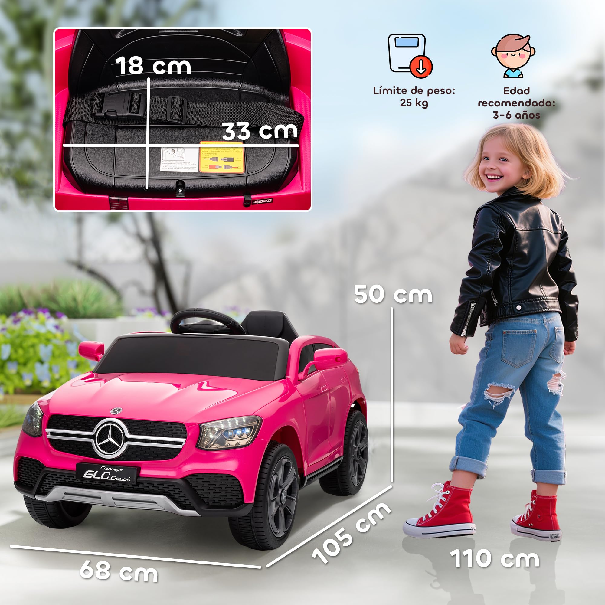 AIYAPLAY Mercedes-Benz GLC Coche Eléctrico 12V 2,4 GHz Mando a Distancia Motor Doble 3-5 km/h 80 Min MP3 Faros LED 3-6 Años Rosa