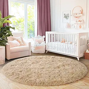 6‘x6’ Beige Round Rug for Bedroom, Ultra Soft Fluffy Circle Rug for Kids Girls Boys Room, Cute Shag Rugs for Living Room Playroom Tent Castle Home Decor Rug