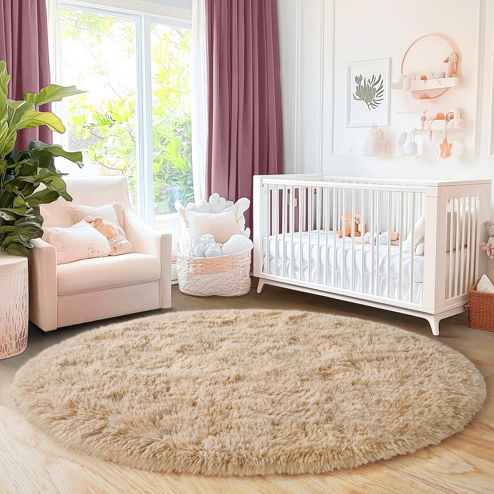 Quntue 6‘x6’ Beige Round Rug for Bedroom, Ultra Soft Fluffy Circle Rug for Kids Girls Boys Room, Cute Shag Rugs for Living Room Playroom Tent Castle