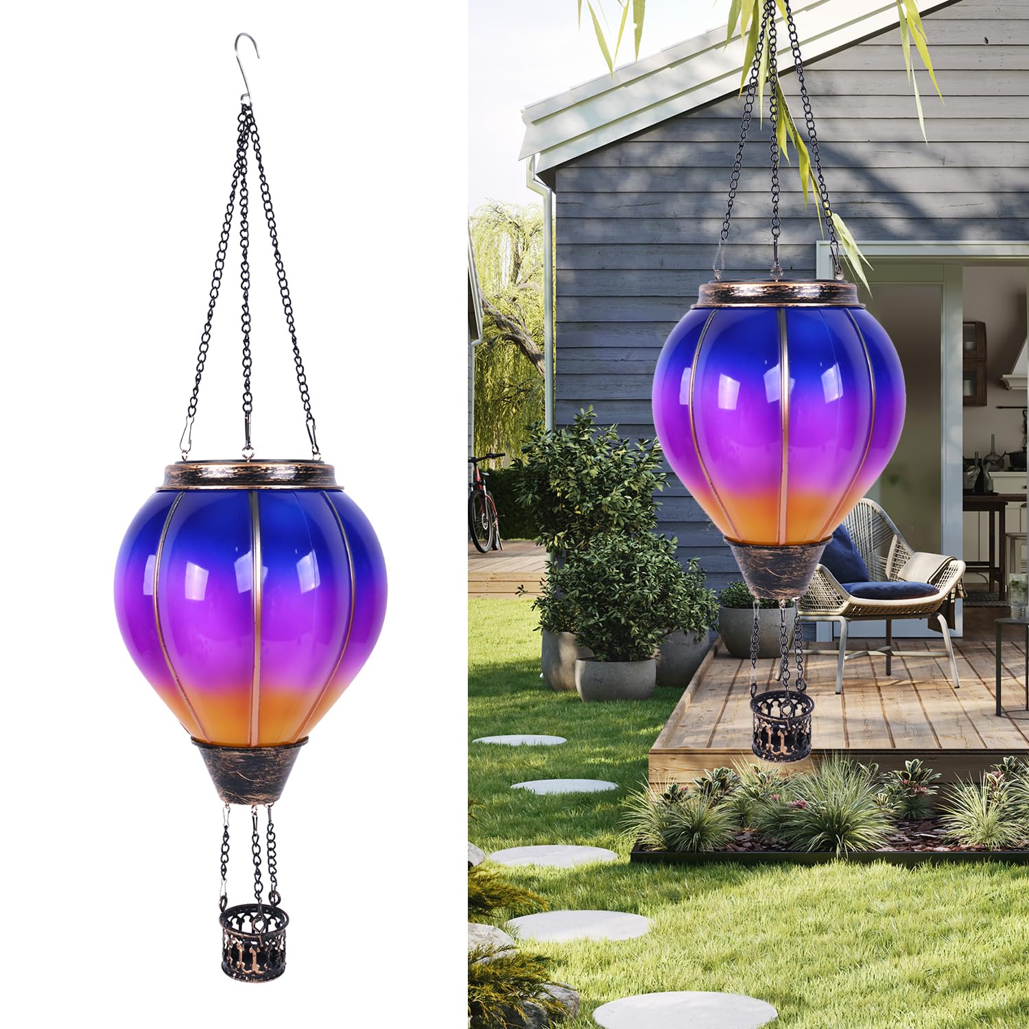 Hanging Weatherproof Colourful Hot Air Balloon Solar Light, Flaming Effect Solar Hot Air Balloon Lantern, Solar Powered Hot Air Balloon Light Garden Ornaments Outdoor for Garden Patio Lighting (C) — image 1