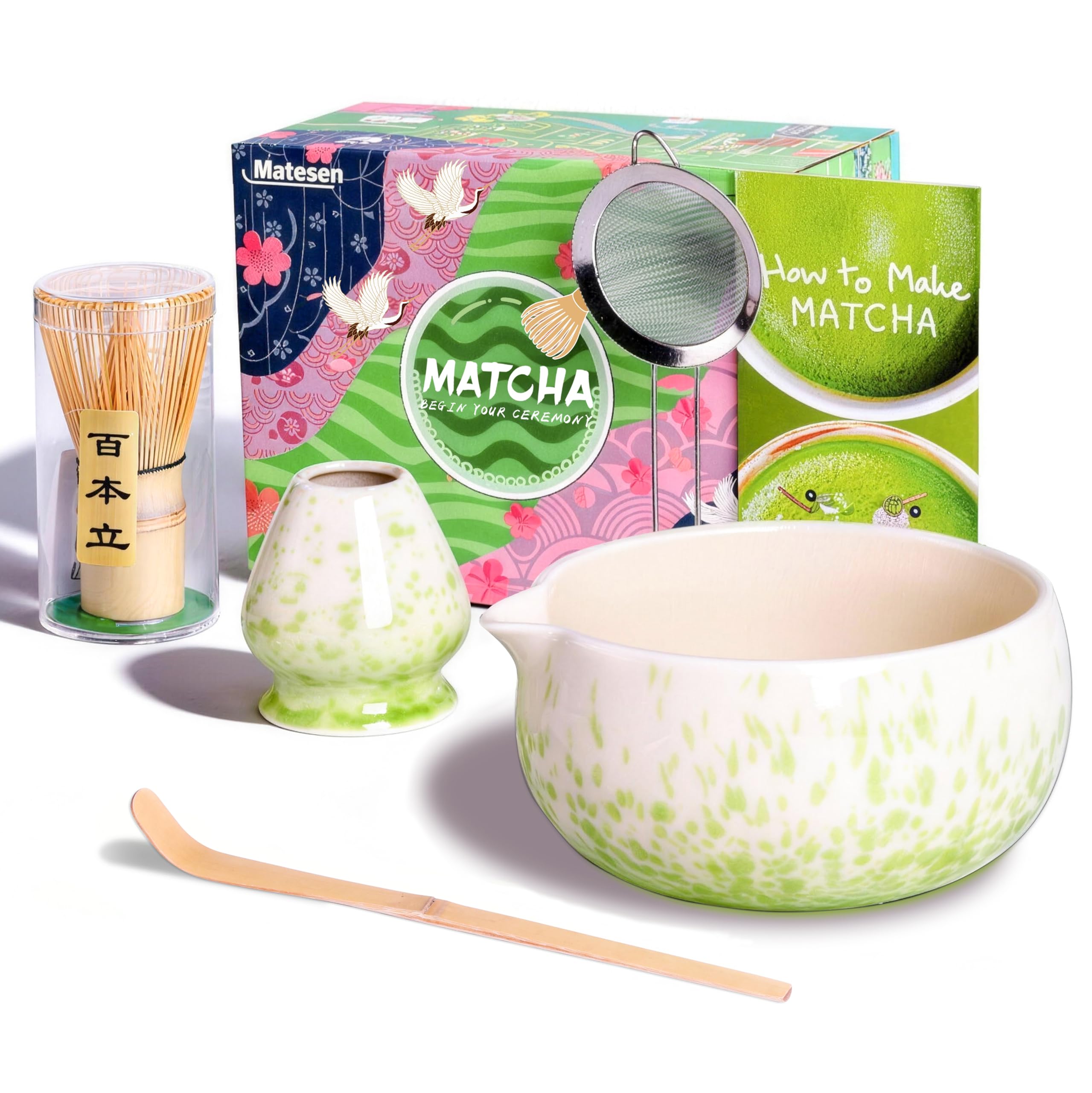 Matesen Matcha Set, 5-teiliges Matcha Besen Set,Premium Starter Set, Matcha Tee Set mit Sieb Chawan und Besen, Zubehör für das traditionelle Matcha Tea Set für Freunde und Familie