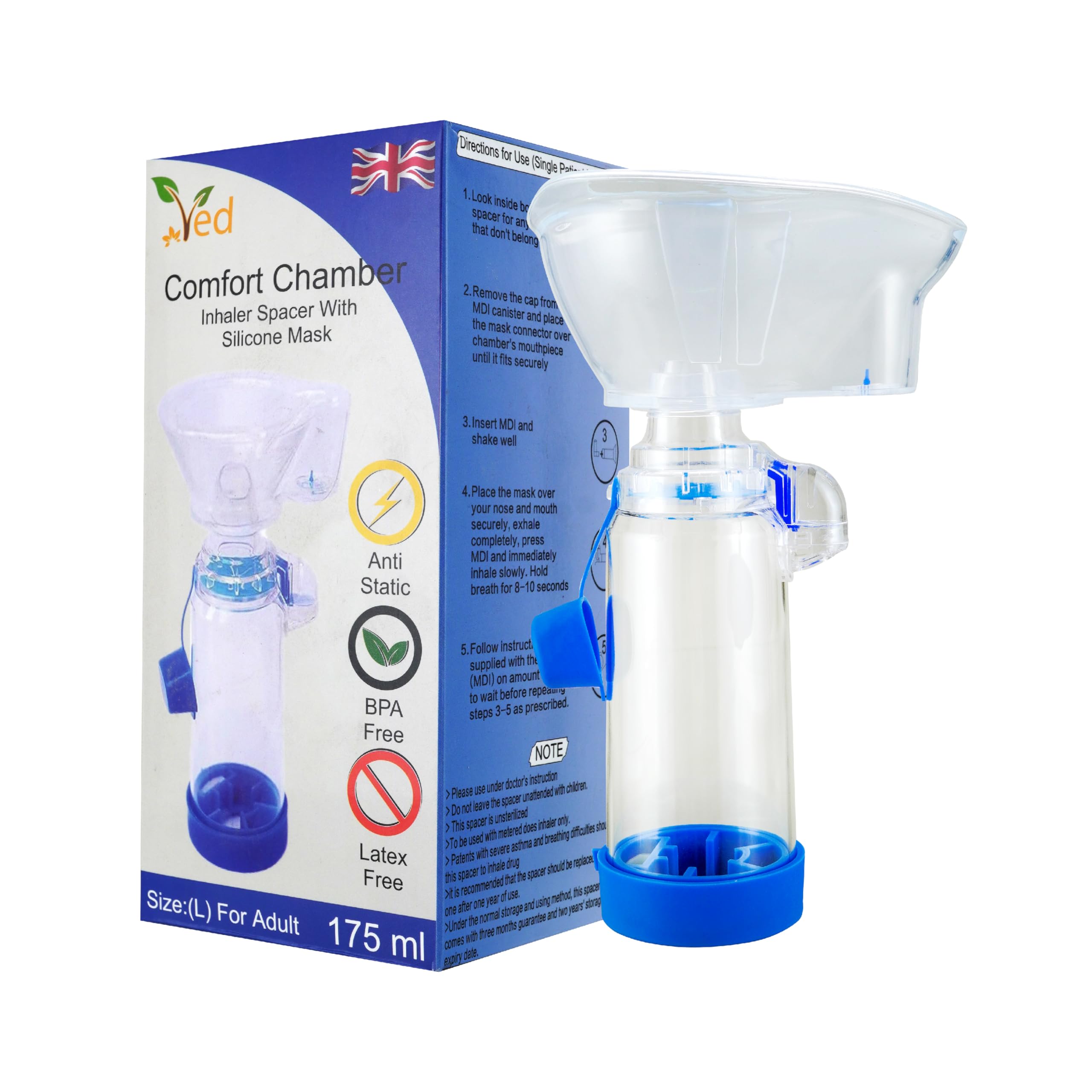 Dispositif d'espacement antistatique pour inhalateur, chambre d'inhalateur, à utiliser avec un inhalateur doseur, sans BPA ni latex pour adulte. (Bleu)