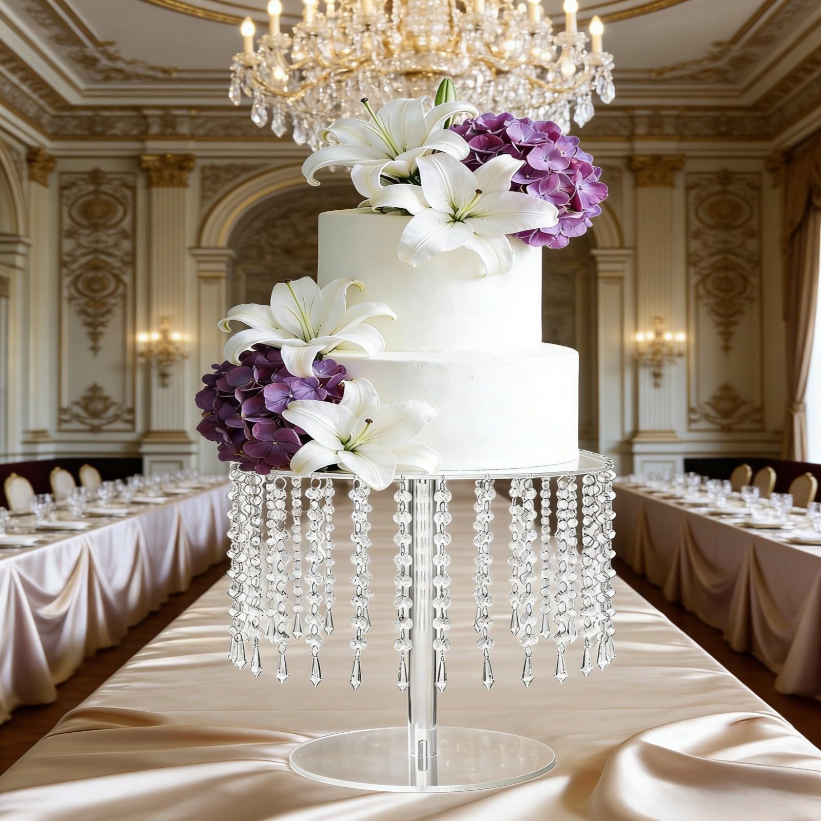 HpLive Espositore per torta in acrilico, 12 pollici, con cupola trasparente e catena di cristallo, presentazione trasparente da dessert per matrimoni, feste, celebrazioni, elegante e rotondo