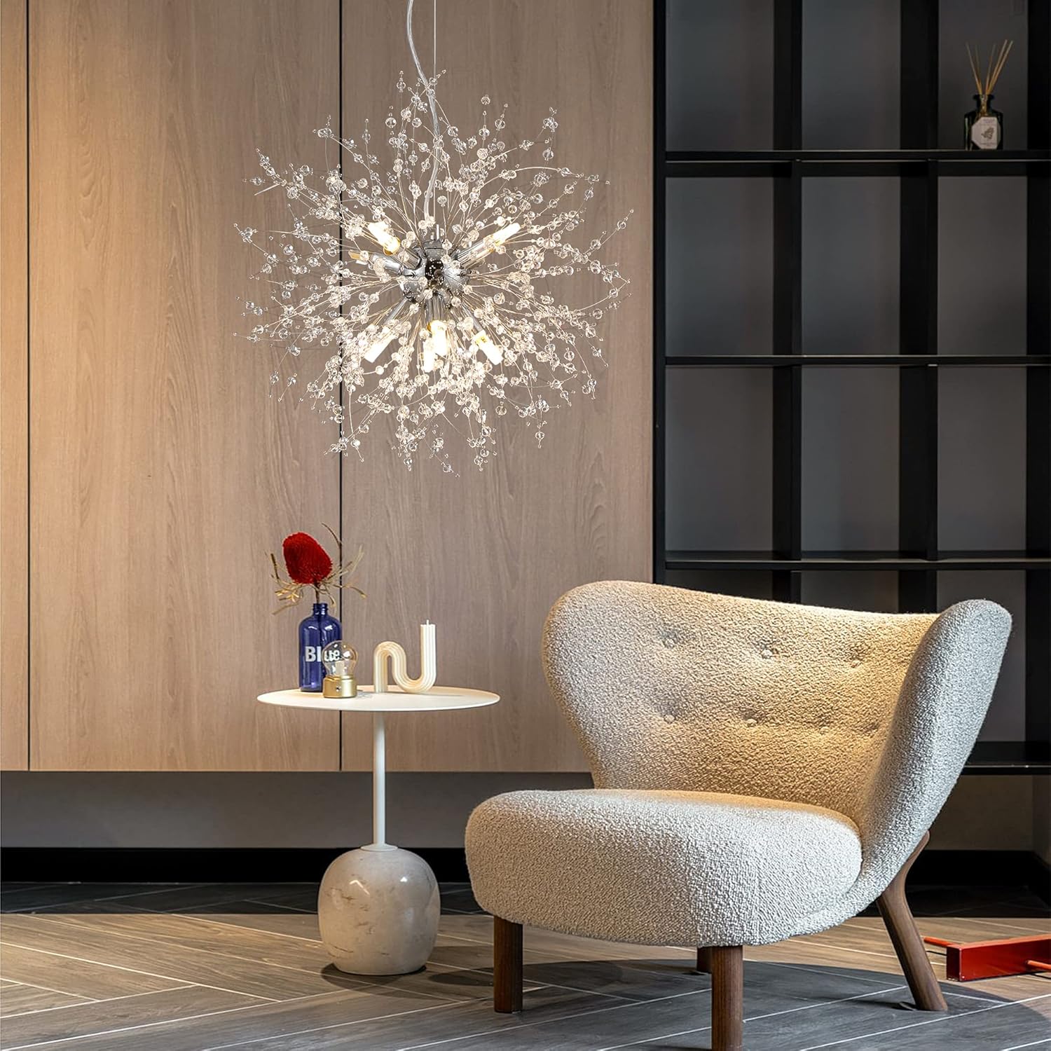 Small Firework Chandelier, 8 Lights Sputnik Pendant Island Light, Chrome Dandelion Crystal Chandelier for Kitchen Dining Room Bedroom
