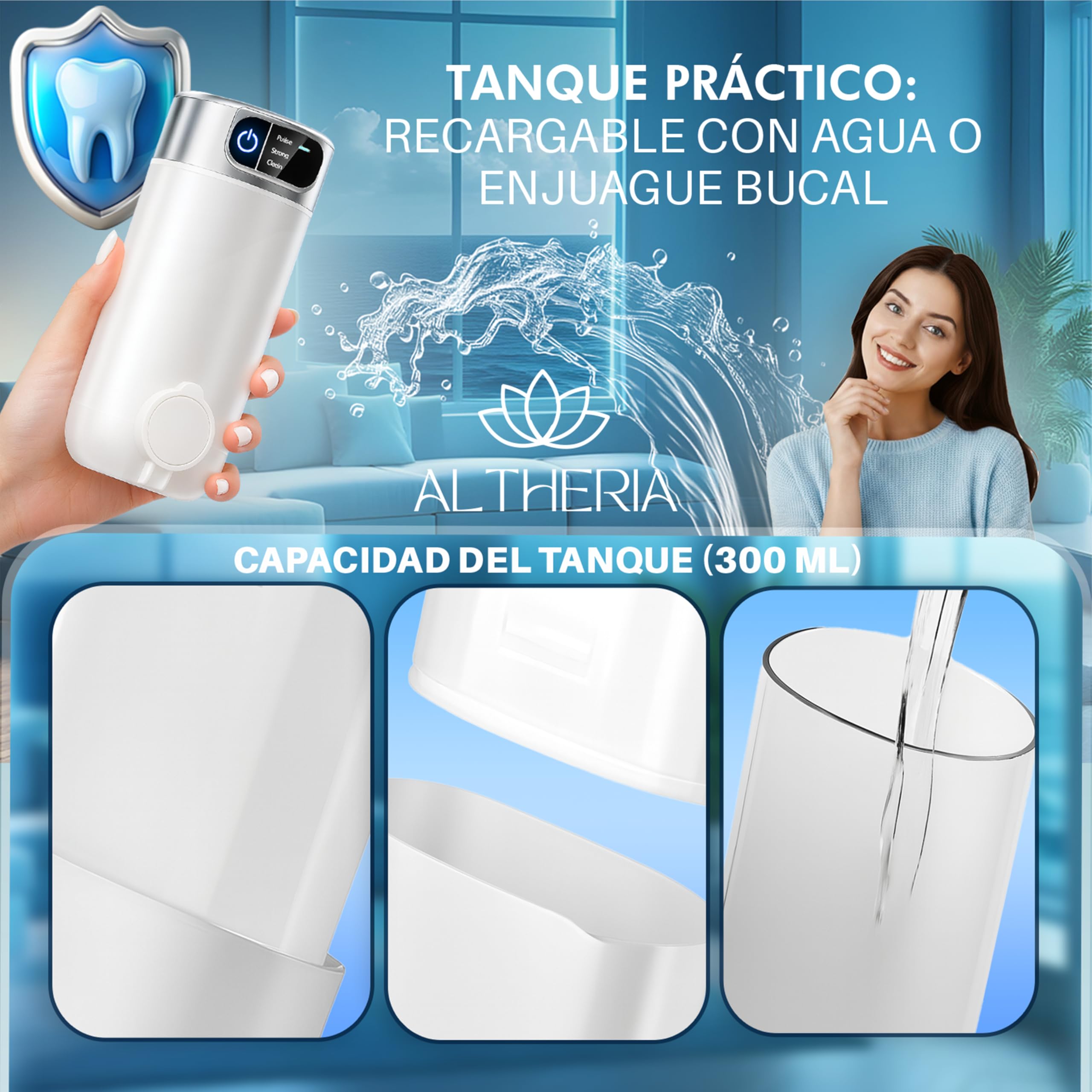 ALTHERIA® | Irrigador Dental Portatil de 5 MODOS con 4 Boquillas INCLUIDAS | Irrigador Bucal Inalámbrico | Limpieza Bucal y Encías Limpias | Deposito Extensible con Capacidad de 300ML y USB-C | IPX7. — view 6