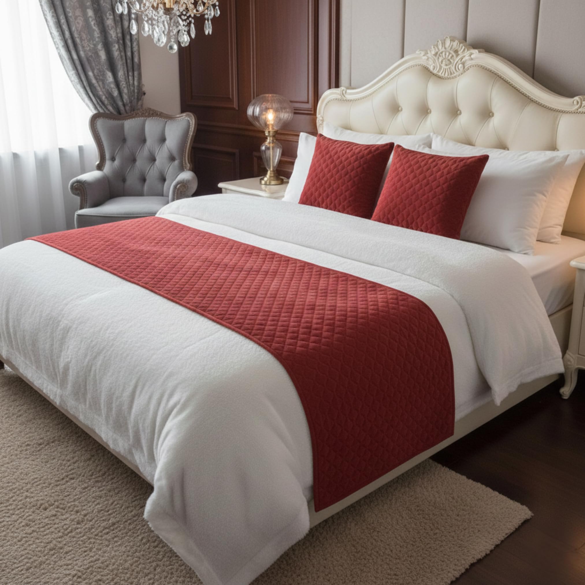Makooz Quilted Velvet Bed Runner for 1.35m Double Bed 1Pc - Matching Cushion Covers Sold Separately - Hotel Grade No Fading Soft Bed Scarf - Bedroom Guesthouse Bedding Protection - 63x225cm Maroon
