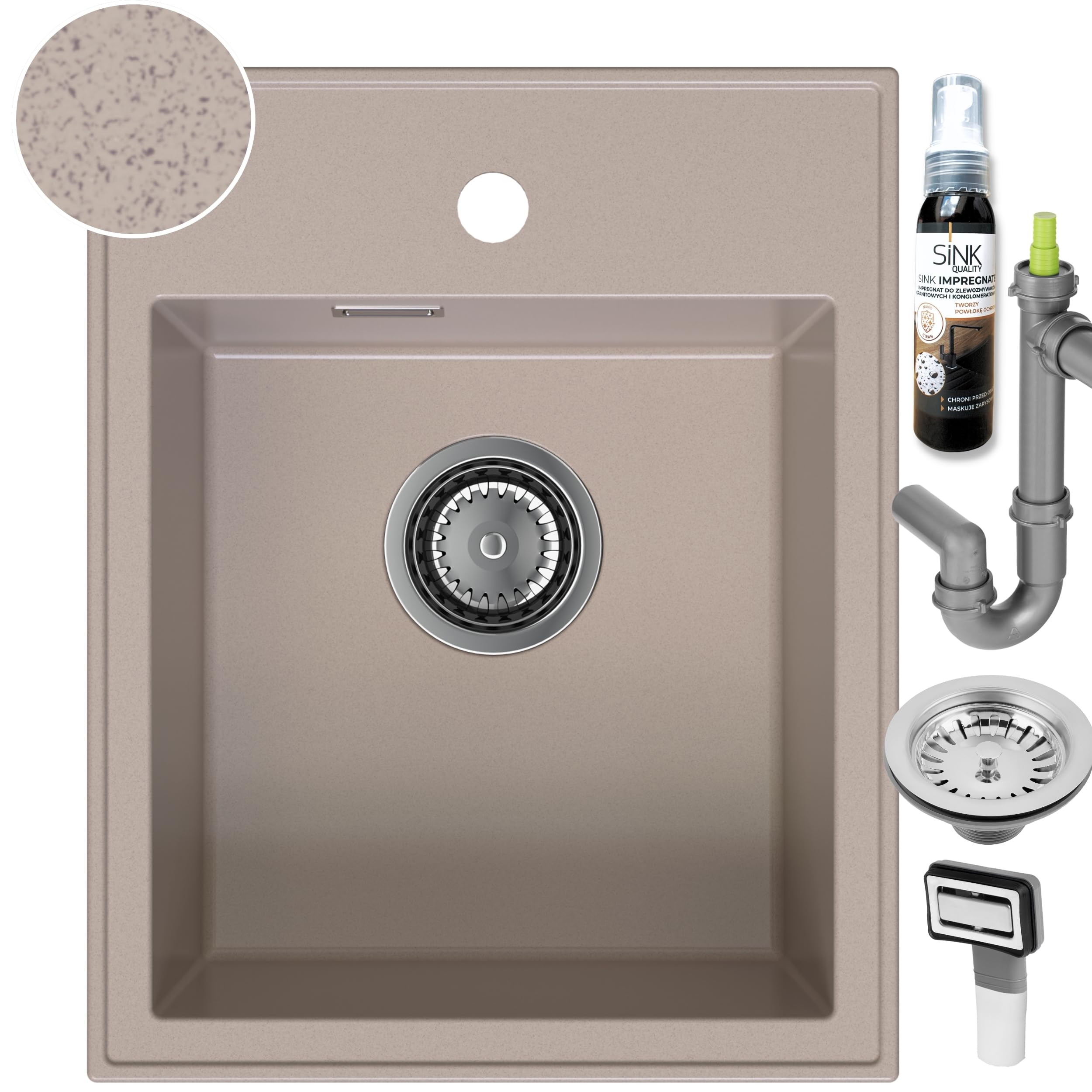 SINK QUALITY Lavello Beige 40x50 cm in granito beige con sifone e impregnazione, lavello senza scolapiatti, piccolo lavello per cucina per armadi bassi a partire da 40 cm di larghezza