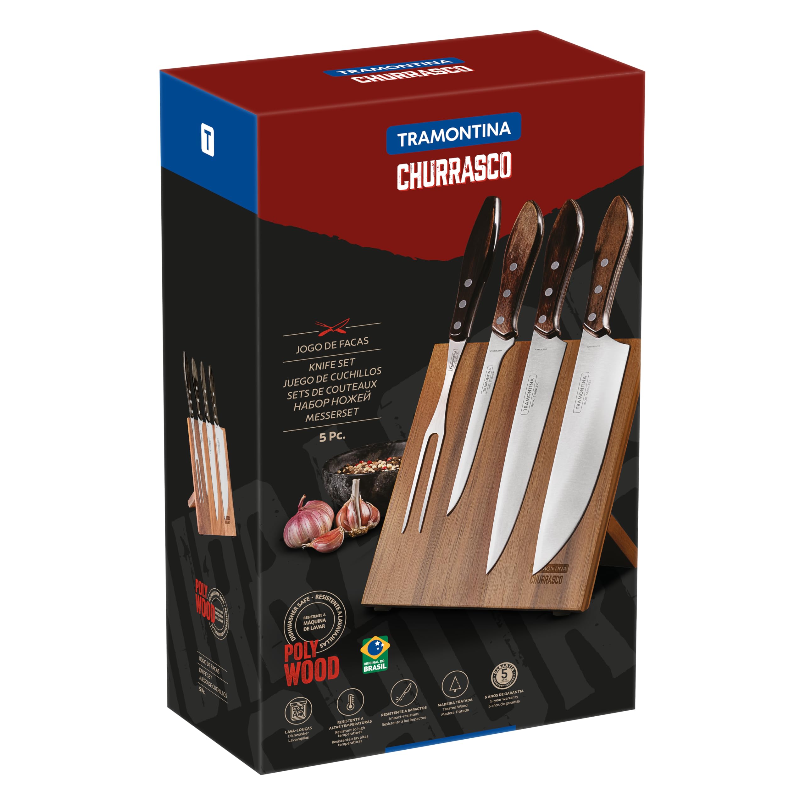 TRAMONTINA - Juego Churrasco, para Asado, en Acero Inoxidable y Mangos de Madera Polywood en Color Castaño, Cubiertos con Remaches de Aluminio, 5 Piezas, Incluye Cuchillos, Soporte y Tenedor