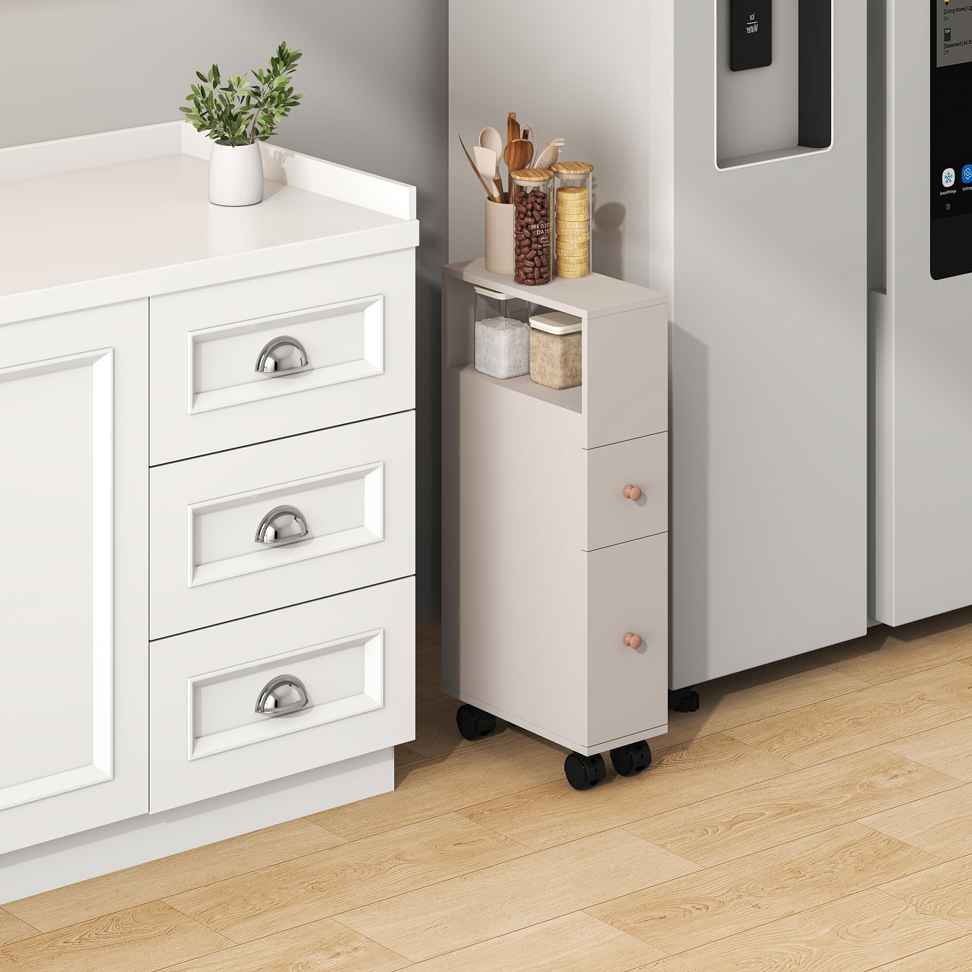 [en.casa] Armario Rodante Delgado Broreynna con Cajones y 1 Compartimento Abierto Carrito Auxiliar con Ruedas Mueble Baño de 3 Niveles Carro de Almacenamiento Cocina 66 x 15 x 33 cm - Color Arena