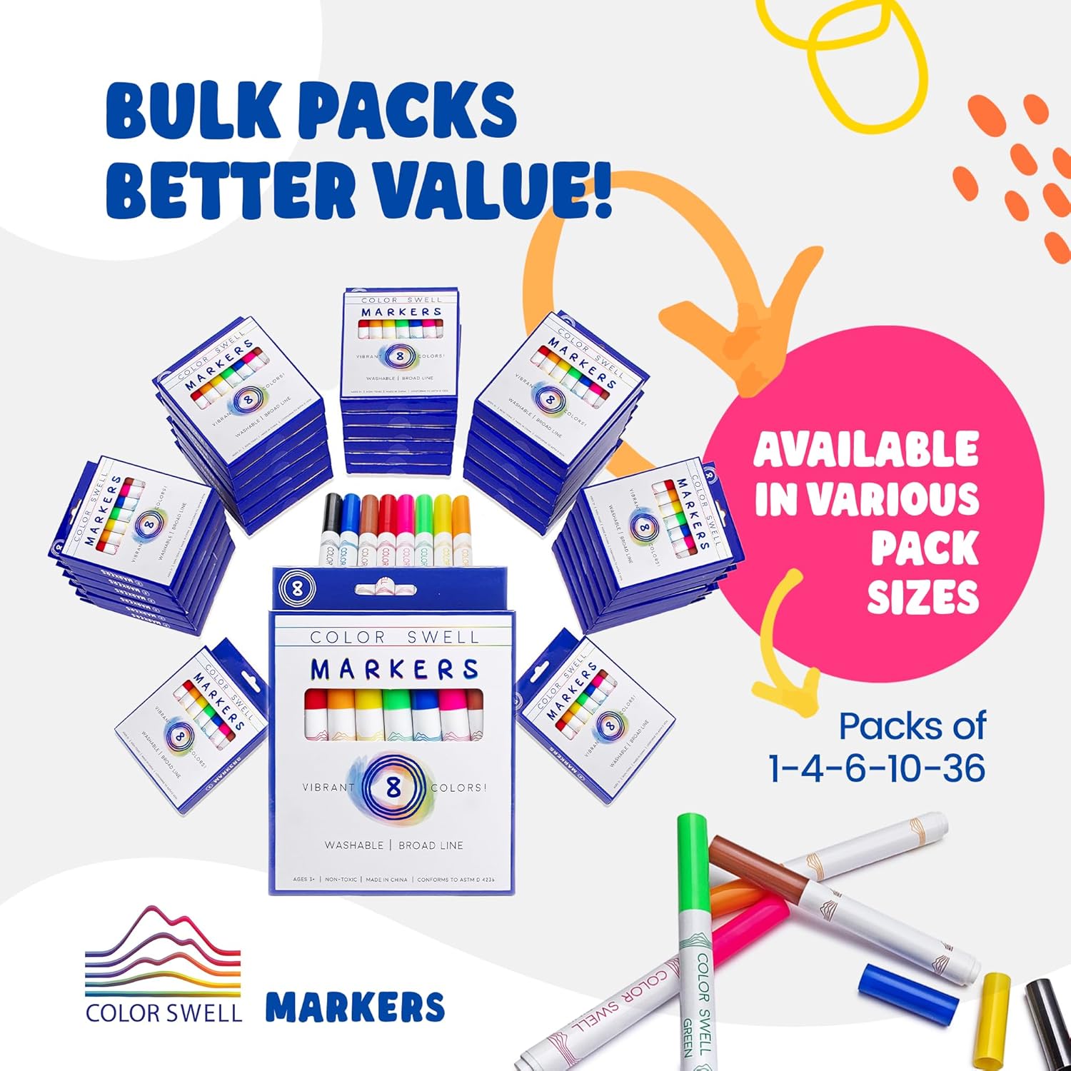 Color Swell Washable Bulk Markers - 18 Boxes of 8 Vibrant Colors (144 Total) Perfect for Kids, Parties, Classrooms - Broad Line Markers - Image 3