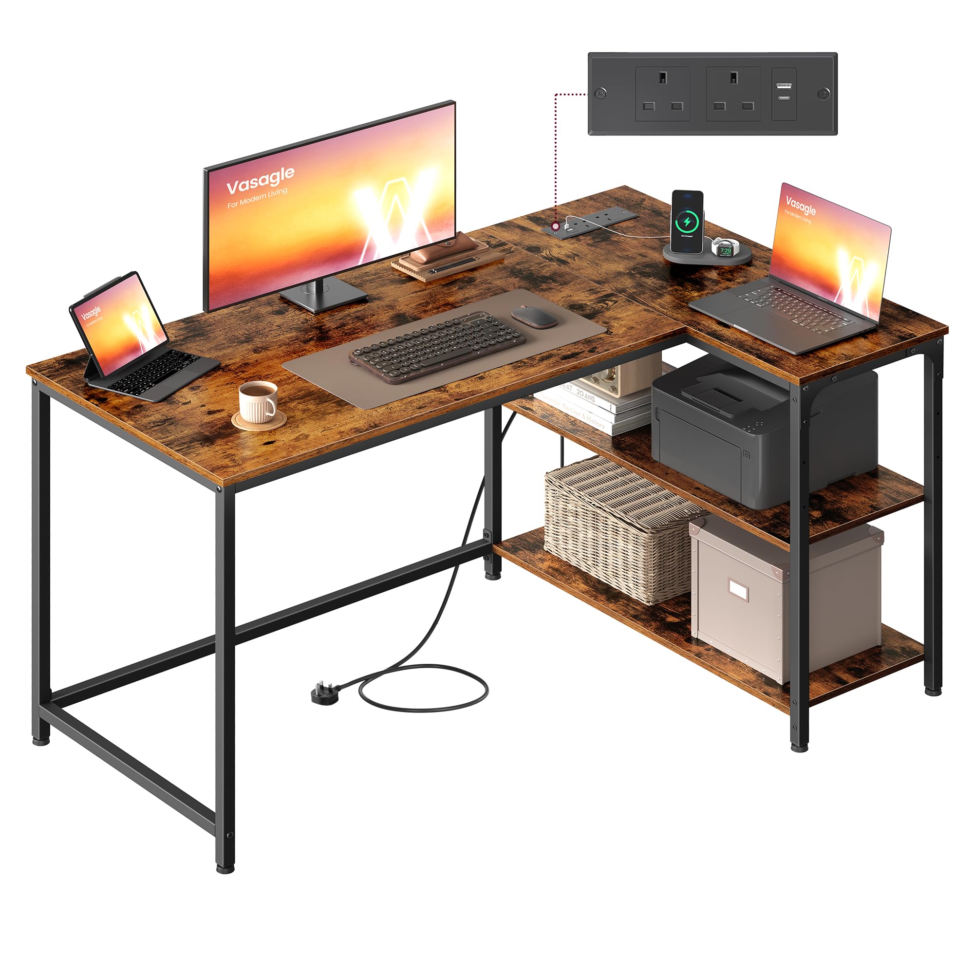 VASAGLE L Shaped Corner Desk, Computer Gaming Desk with Storage, Reversible Height-Adjustable Shelves, for Home Office, with Power Outlets 2 USB Ports, 120 x 80 cm, Rustic Brown LWD132KD02