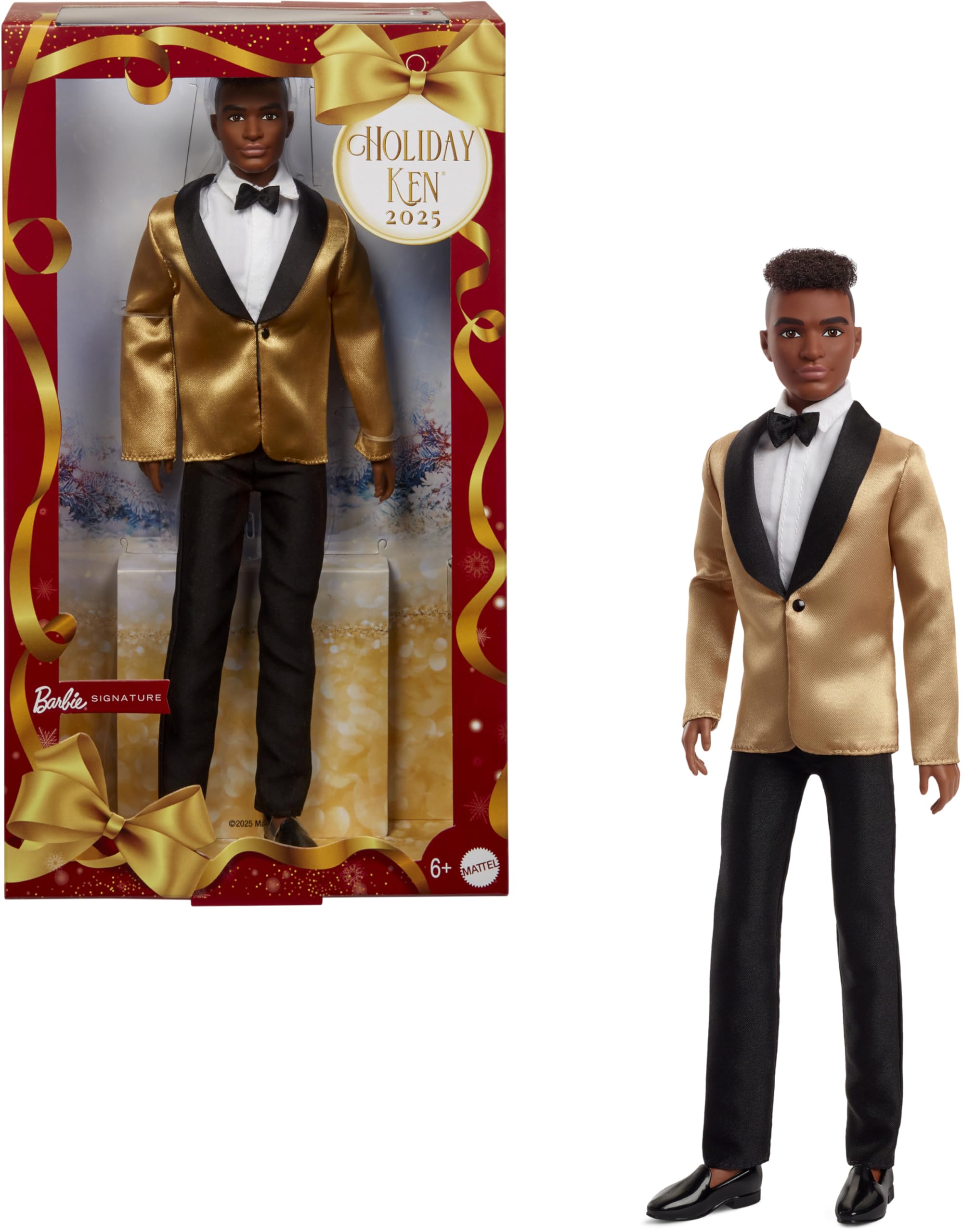 Barbie Signature 2025 Holiday Dark Brown Hair Ken Bambola da collezione alla moda indossa abito completo con giacca dorata in confezione visualizzabile e supporto per bambole
