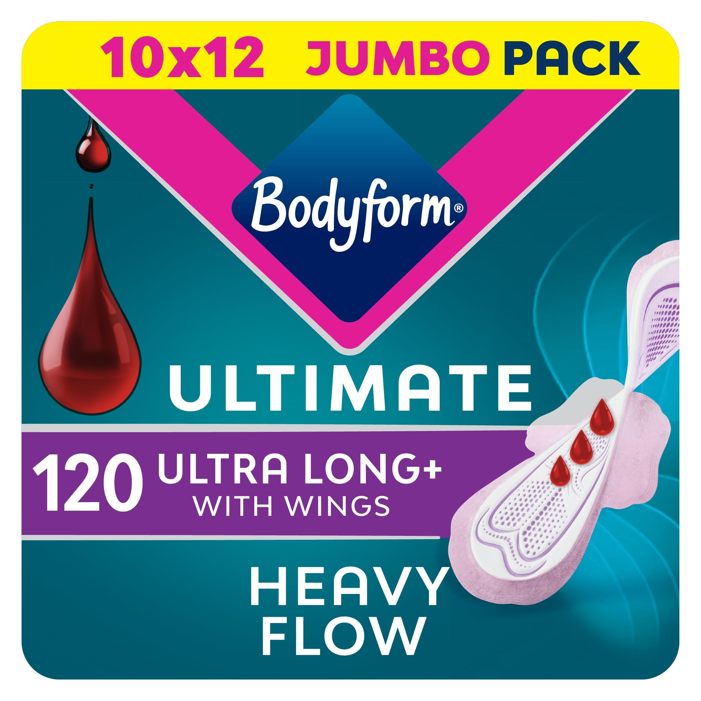 Bodyform Ultimate Ultra Long Sanitary Towels Wings 120 Pack, Heavy Periods