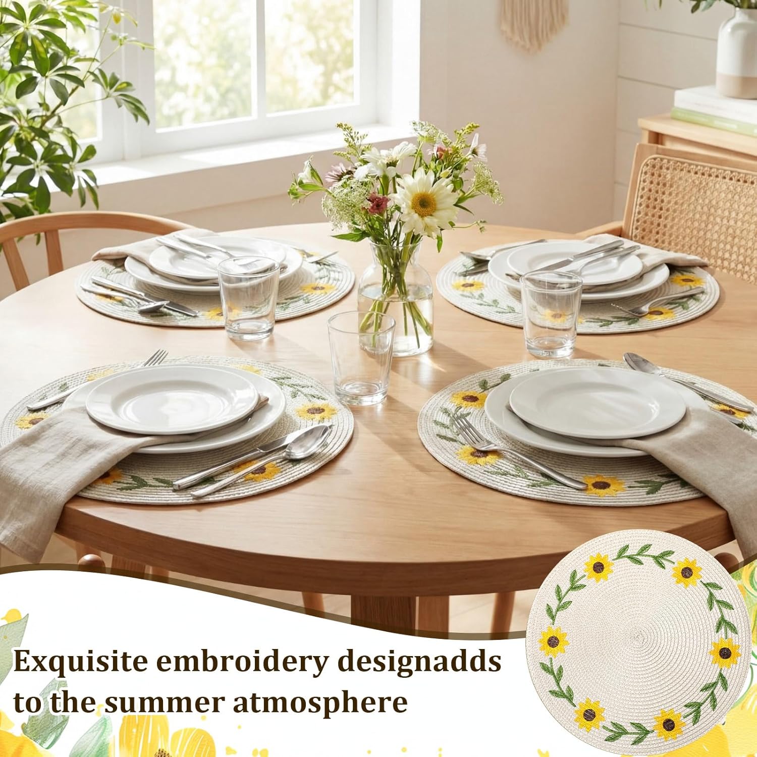 Remerry Embroidered Sunflower Placemats Set of 6 Spring Round Braided Placemats 13 Inch Non Slip Heat Resistant Washable Table Mats for Spring Summer Tables Home Kitchen Dining Party Table Decoration
