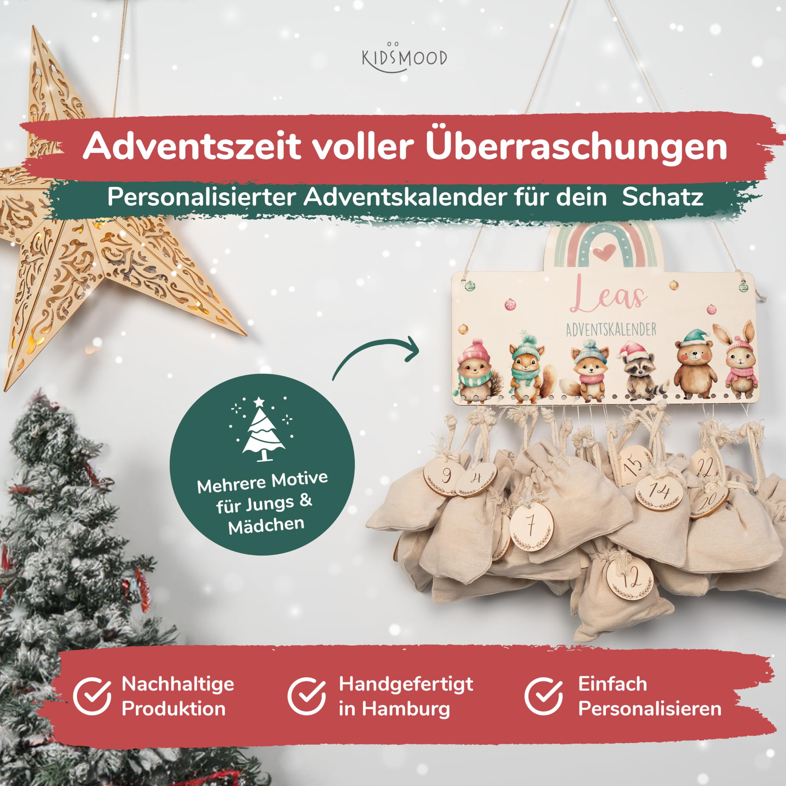 KIDSMOOD Personalisierter Adventskalender 2025 - Holzbox Mit Geschenktüten & Holzzahlen