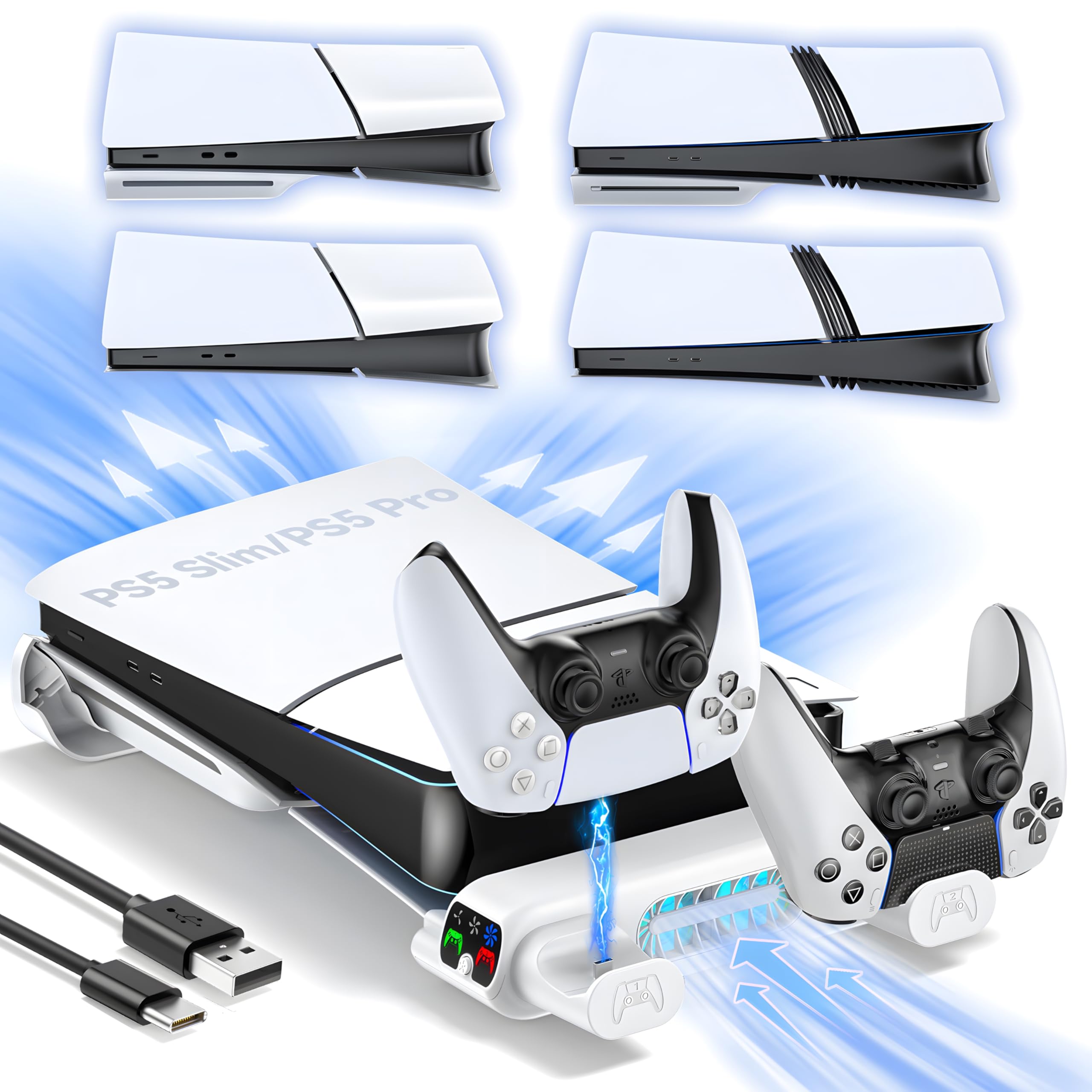 Horizontale PS 5 Slim/Pro Halterung mit Kühler für Disc & Digital, PS5 Standfuß horizontal mit PS5 Ladestation, PS 5 Horizontaler Ständer für PS 5 Slim & Pro Konsole (Nicht für PlayStation5 2020)