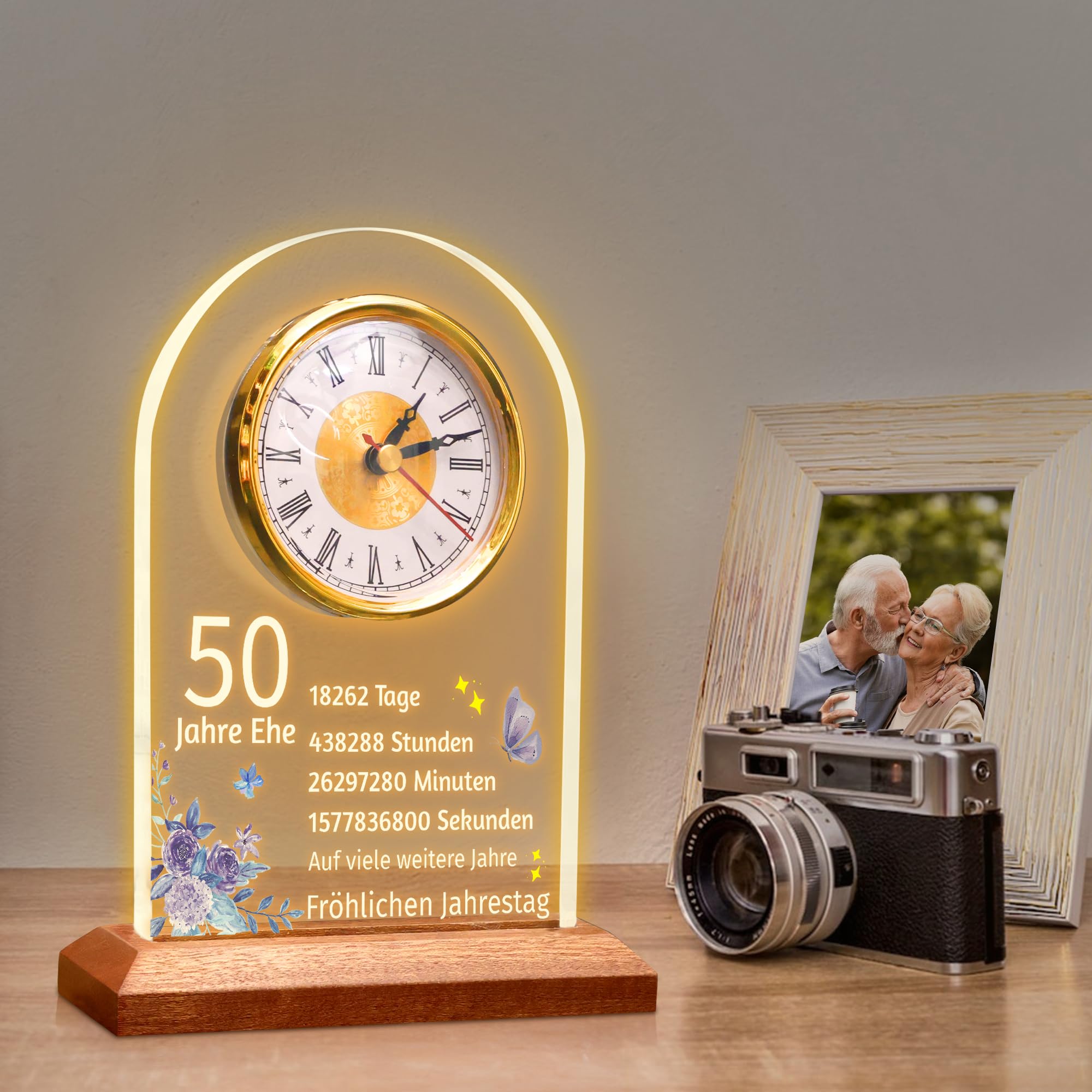 OkiyiD 50. Jahrestag Hochzeit Geschenk, Jahrestag Quarzuhr, Schreibtisch Tisch Uhr, 50 Jahre Ehe, Goldene Hochzeit für Paar, Eltern, Großeltern (50. Jahrestag)