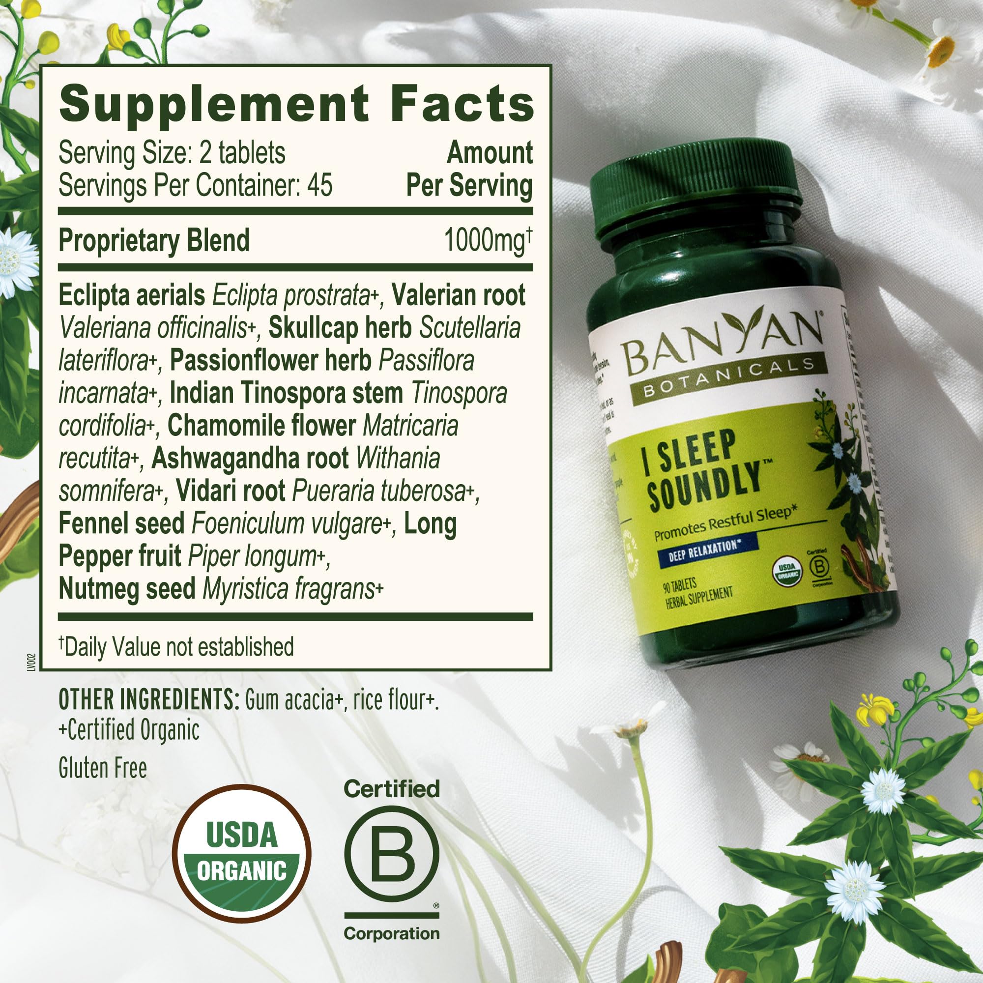 Banyan Botanicals I Sleep Soundly–Organic Deep Sleep Supplement –Natural Melatonin-Free Sleep Aid for Relaxation & Nighttime Tension–with Ashwagandha,Valerian & Chamomile-90 Tablets-USDA Organic FFL — Amazon image 5