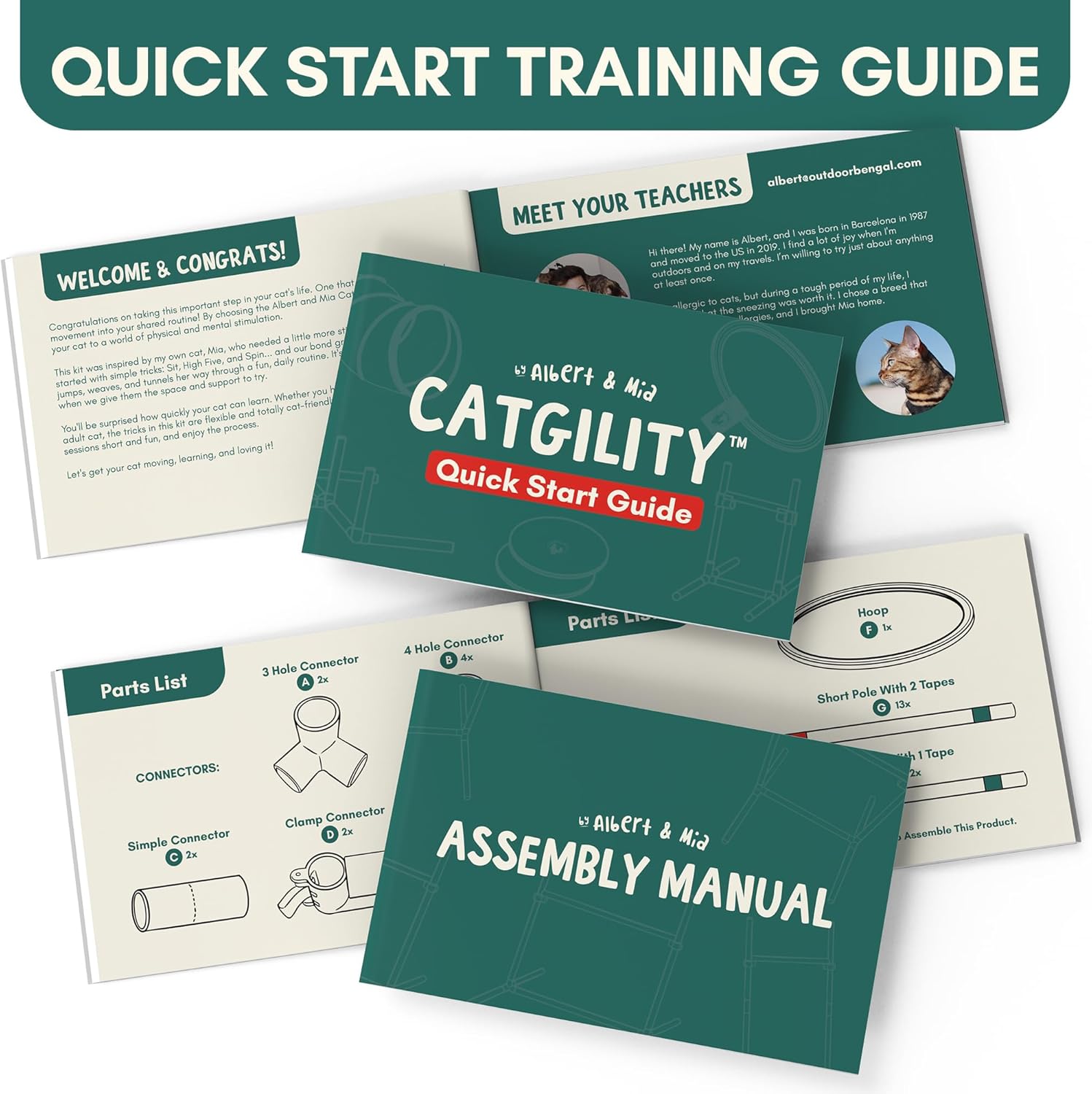 ALBERT & MIA CATGILITY Cat Agility Equipment + Clicker Trainer Guide – Exercise Agility Course – Jumping Hurdles & Hoop, Tunnel (Small Dog & Cat Training) Clicker Training Obstacle Course for Cats