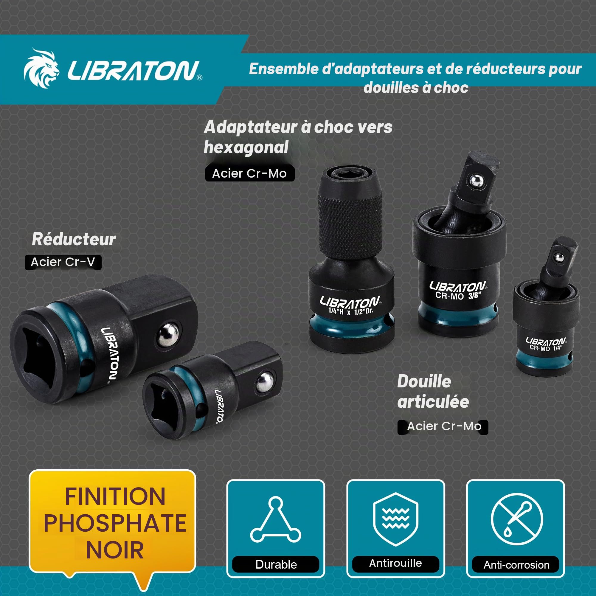 LIBRATON Lot de 11 adaptateurs et réducteurs de douilles à choc avec fonction pivotante – Convertisseurs hexagonaux 1/4 pour réparation automobile – Boîte moulée par soufflage