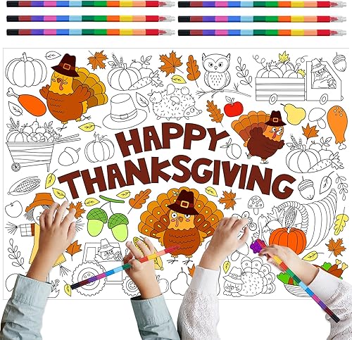 Póster gigante para colorear de Acción de Gracias con 6 crayones apilables, juego de recuerdos de fiesta de Acción de Gracias de calabaza grande,