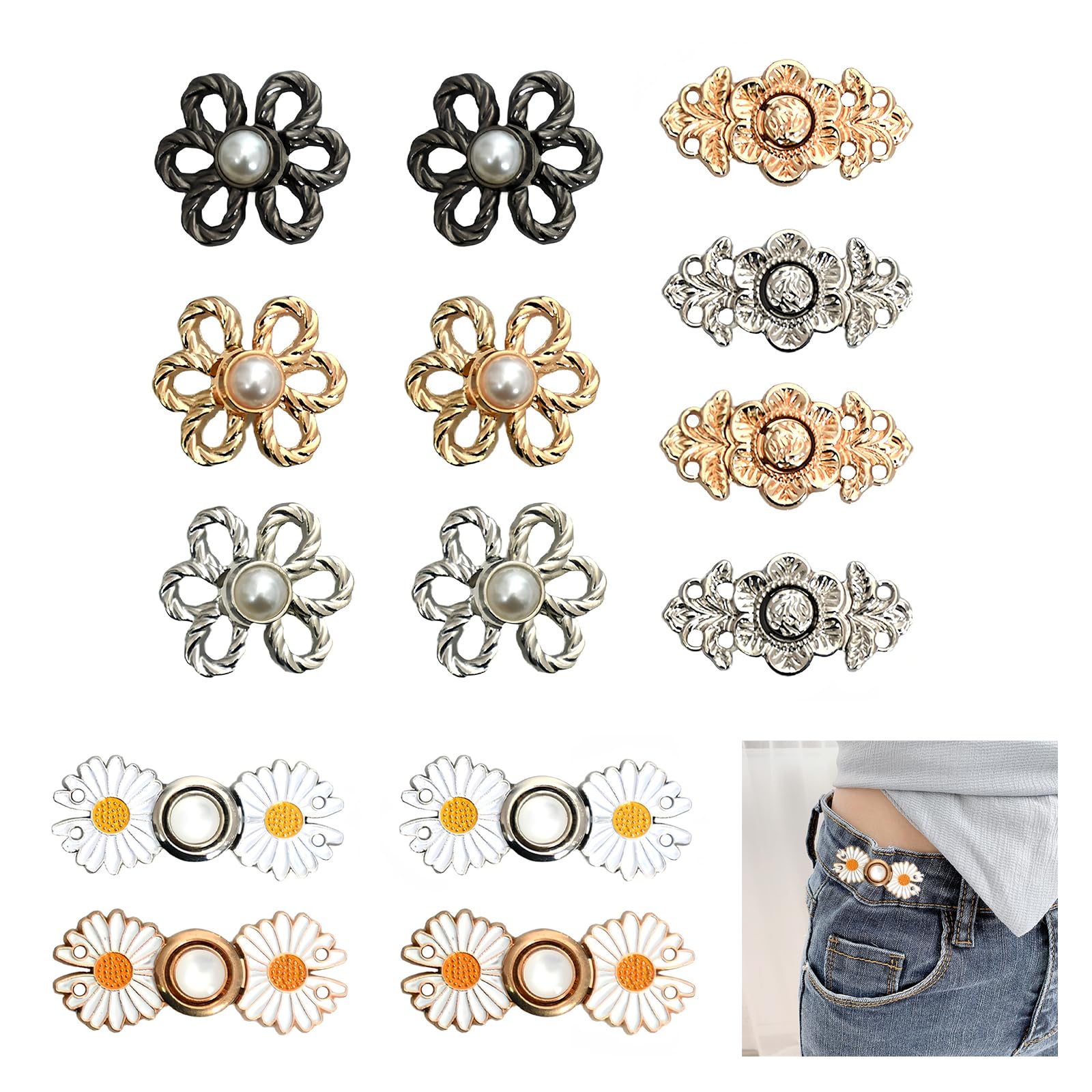 14 Sets Metal Buckle Strap Adjuster for Waistband Tightening Removable Waist Buckle Silver Gold Black Waist Decoration for Loose Trousers Skirts Necklines Floral Design Clothes Decoration