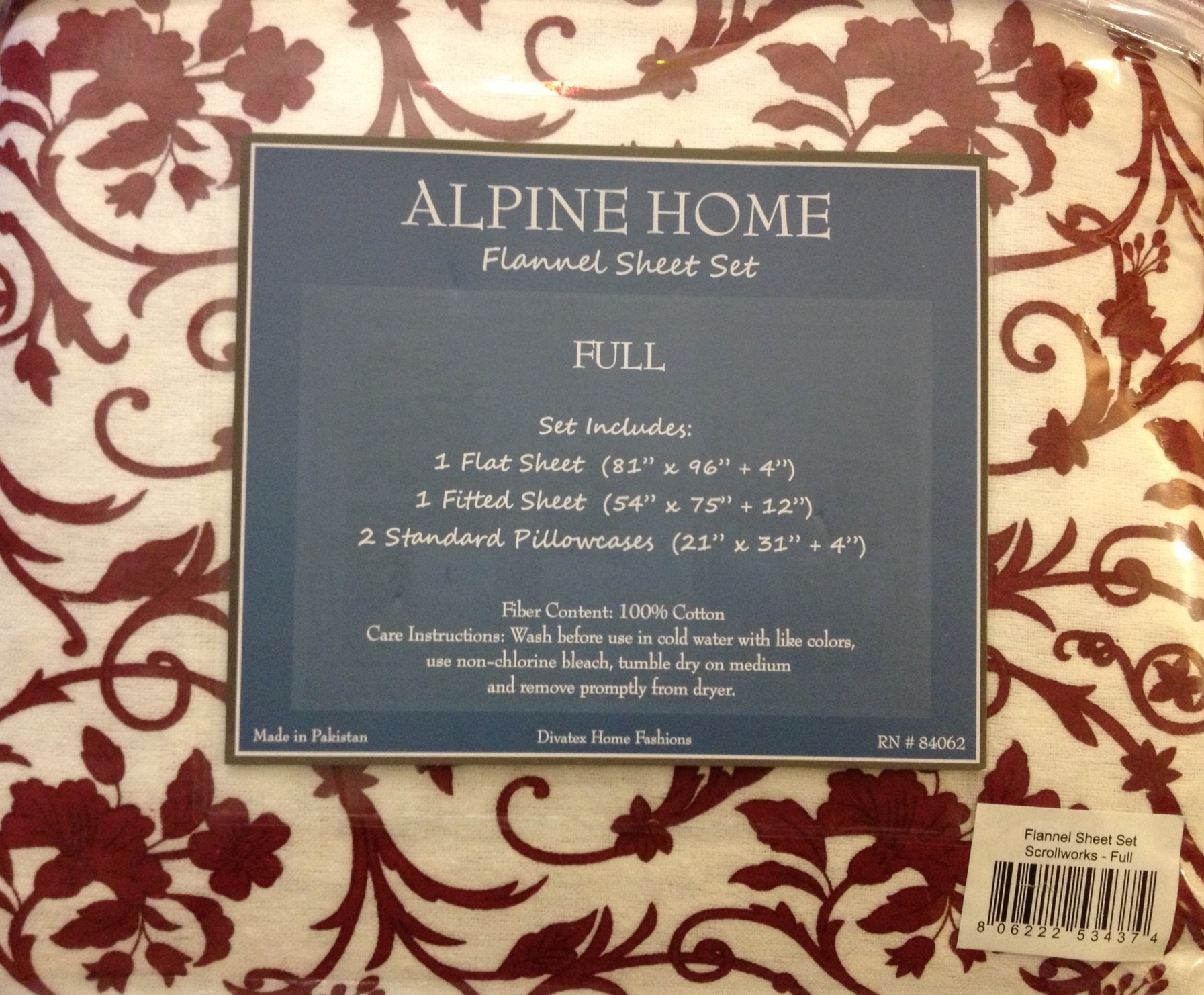 Alpine Home Cotton Flannel FULL Sheet Set - Burgundy Scrollworks