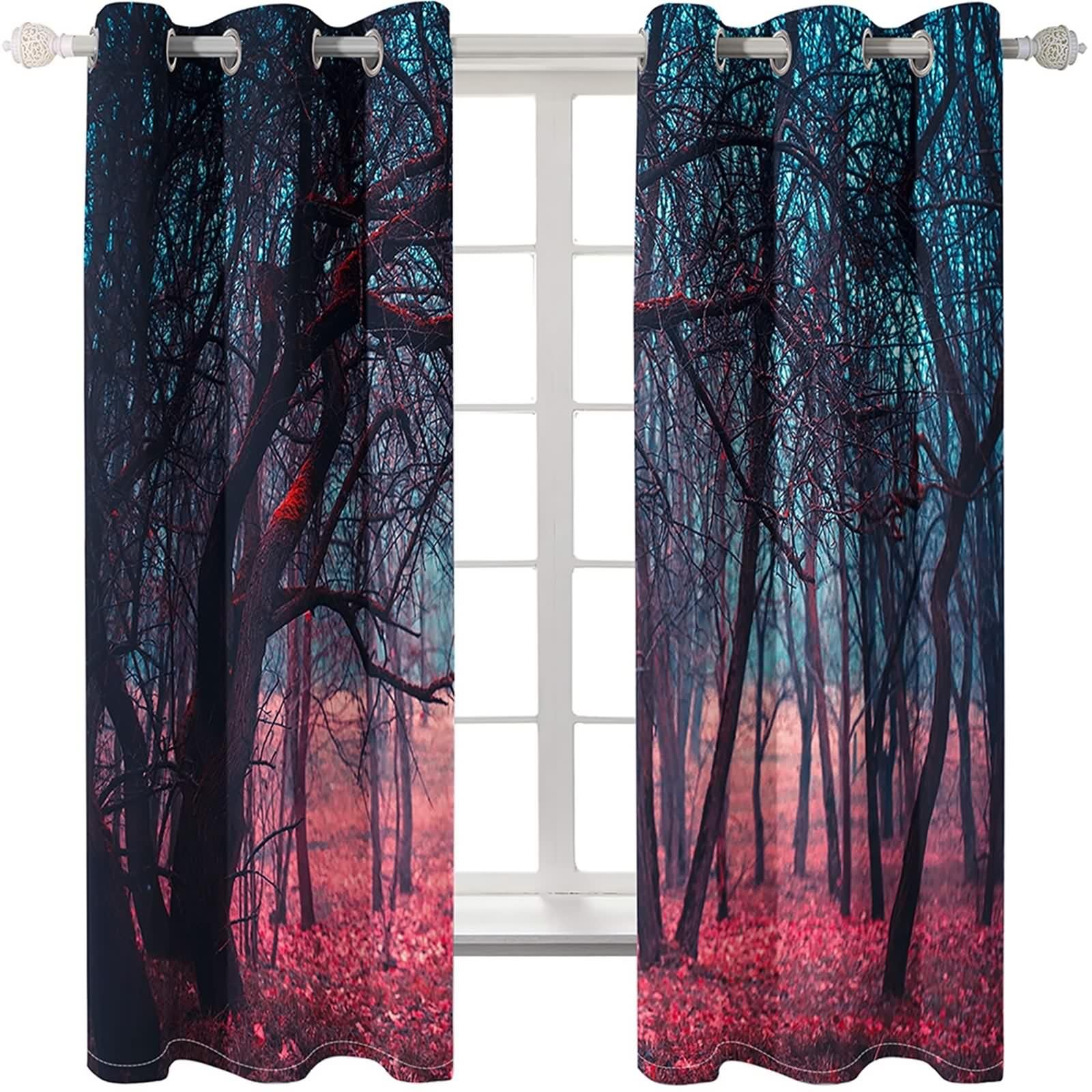 Vorhänge 2er Set, Vorhänge Wohnzimmer Schwarz Rot Polyester Bäume und Lose Blätter Gardine 2 Stück B 152 x H 274 cm
