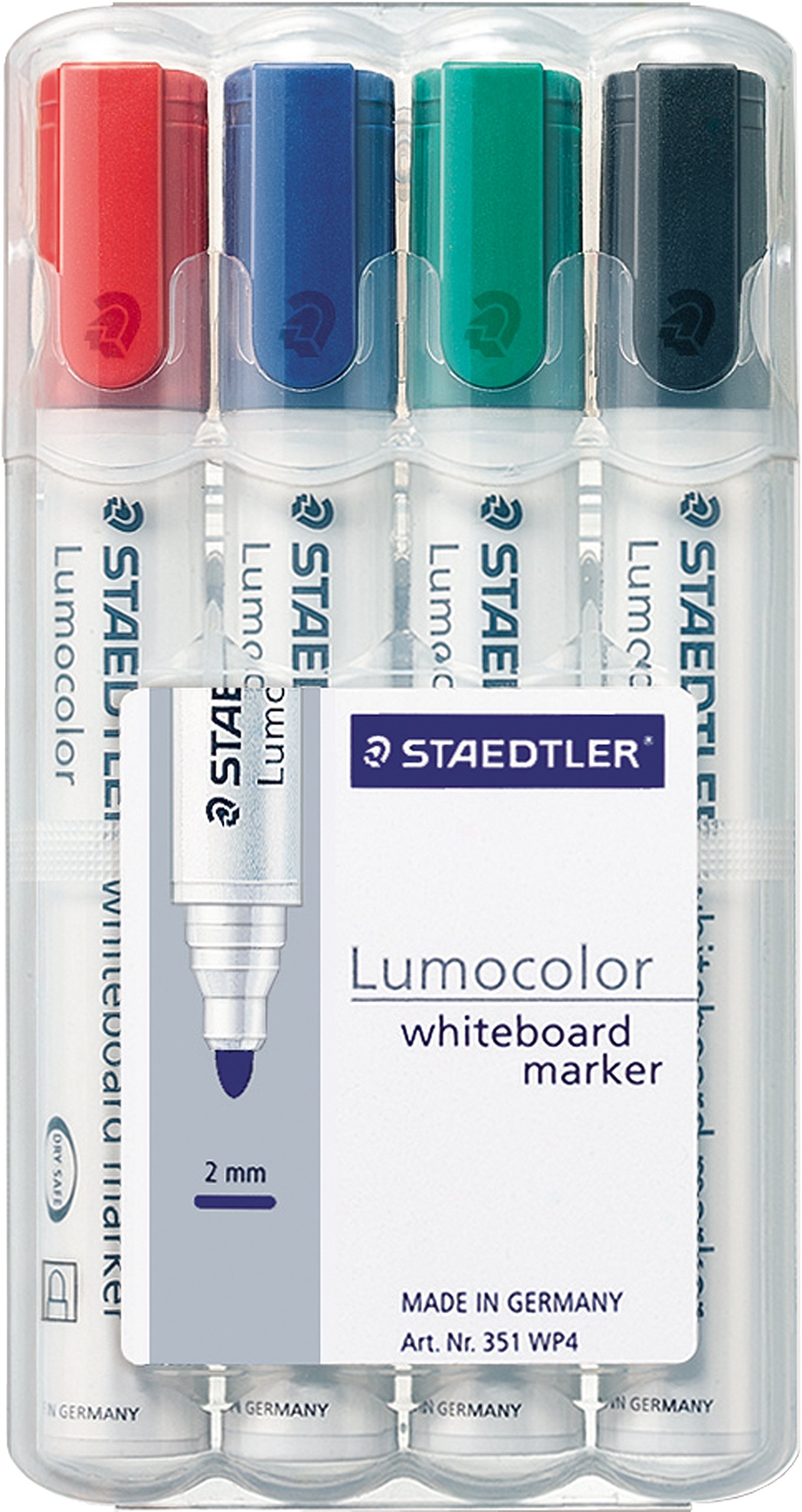 Staedtler 351 WP4 Lumocolor – Rotuladores para pizarra blanca (4 unidades, en estuche STAEDTLER Box, varios colores