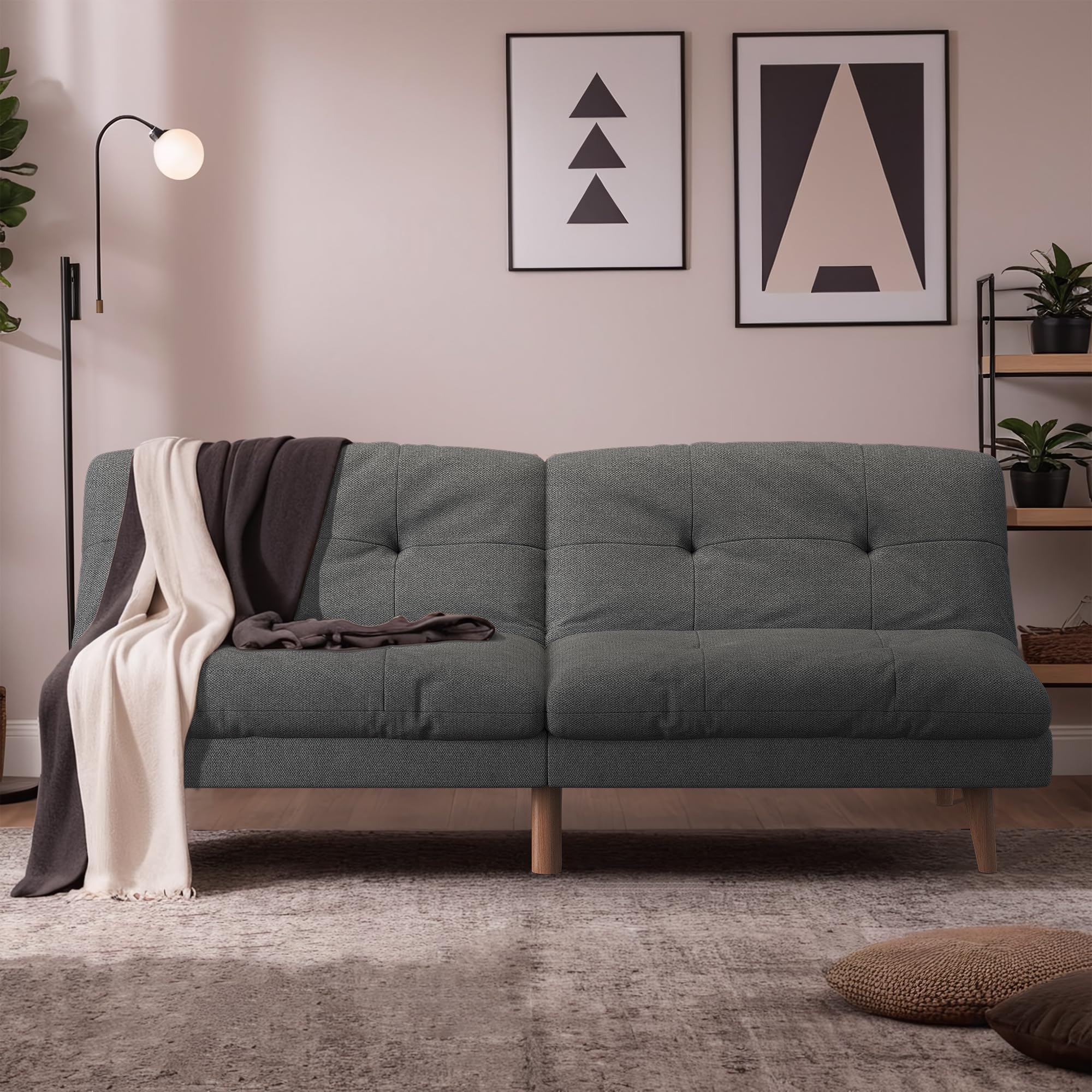Flamaker 67'' Convertible Linen Futon Sofa Bed with Adjustable Backrest | Upholstered Sleeper Sofa Bed, Modern Solid Wood Frame Loveseat Couch for Apartment, Office & Small Spaces | Grey
