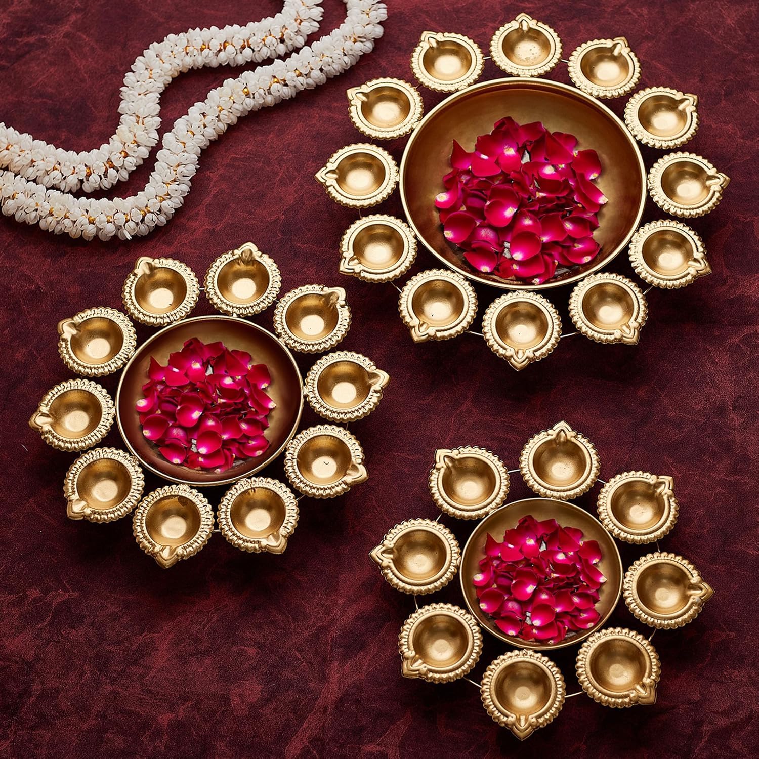 Jaipur Ace Elegant Urli Gold Metal Diya and Tealight Candle Holders with Floral Arrangement Bowl, Perfect for Diwali, Pooja, and Home Decor Floral Beautiful Urli (Pack of 3 Urli Set)
