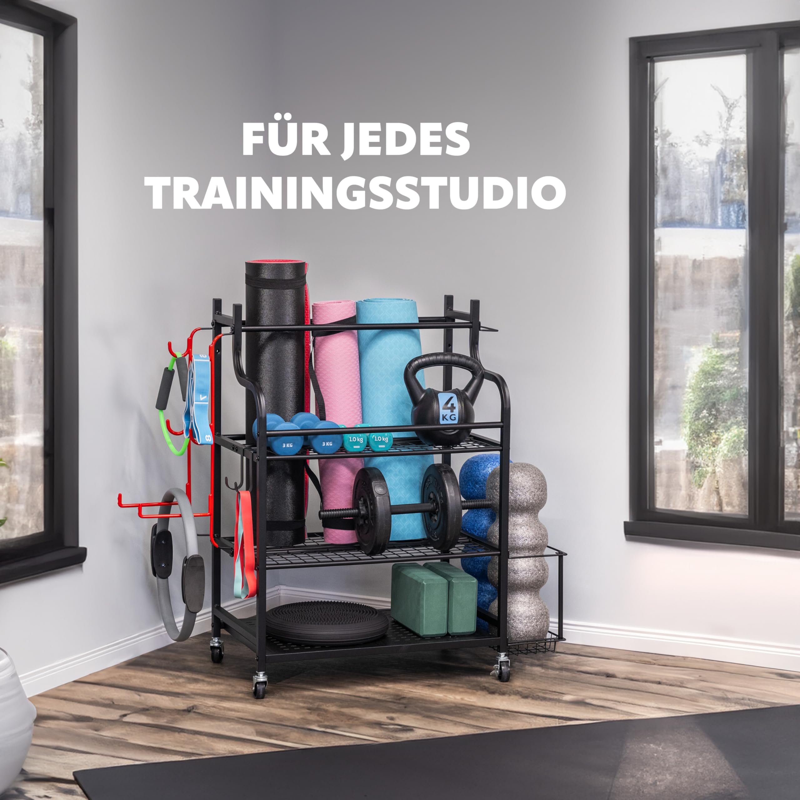 eluno Carrello portautensili da yoga con ripiani robusti, molti ganci e cestello laterale per kettlebell, rullo fasciale, manubri e accessori fitness in acciaio nero