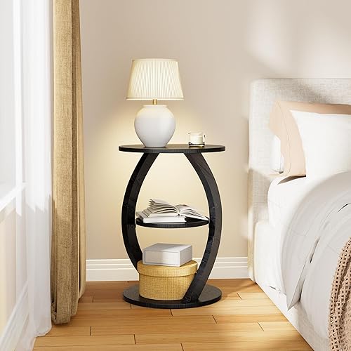 Miniatura 7 de Mesa auxiliar redonda, mesa auxiliar moderna con estante de almacenamiento, mesita de noche de madera de diseño curvo, mesa decorativa de 3 niveles