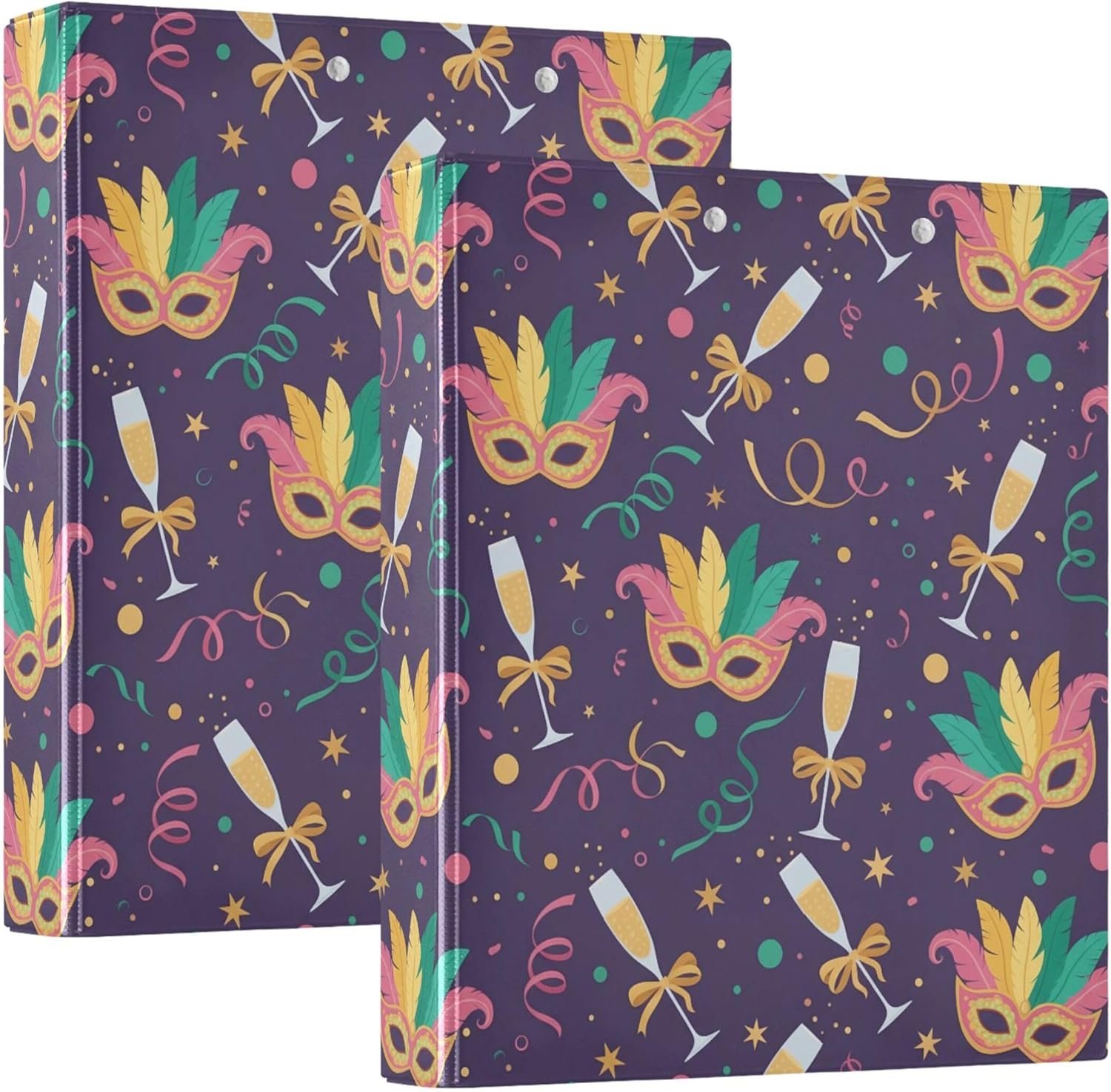 Mardi Gras Mask 3 Ring Binders, 1.5” Round Ring Binders with Clipboard - Letter Size, 3 Interior PVC Clear Pockets & Anti-Slip Clip for Office School Supplies, 2PCS
