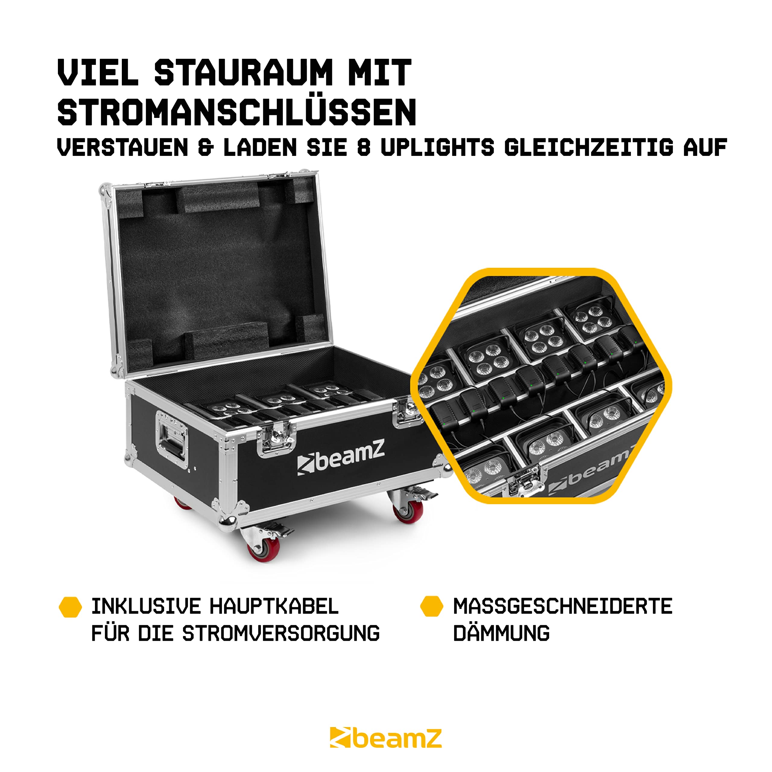BeamZ BBP94 LED Uplight LED Par Strahler, 8er Set im Ladecase, 10 x 4 Watt, Bühnenbeleuchtung Set für DJ Pult, Bühnenlicht, DMX-LAN, Partylicht Musikgesteuert, Bühnenequipment, mit Fernbedienung