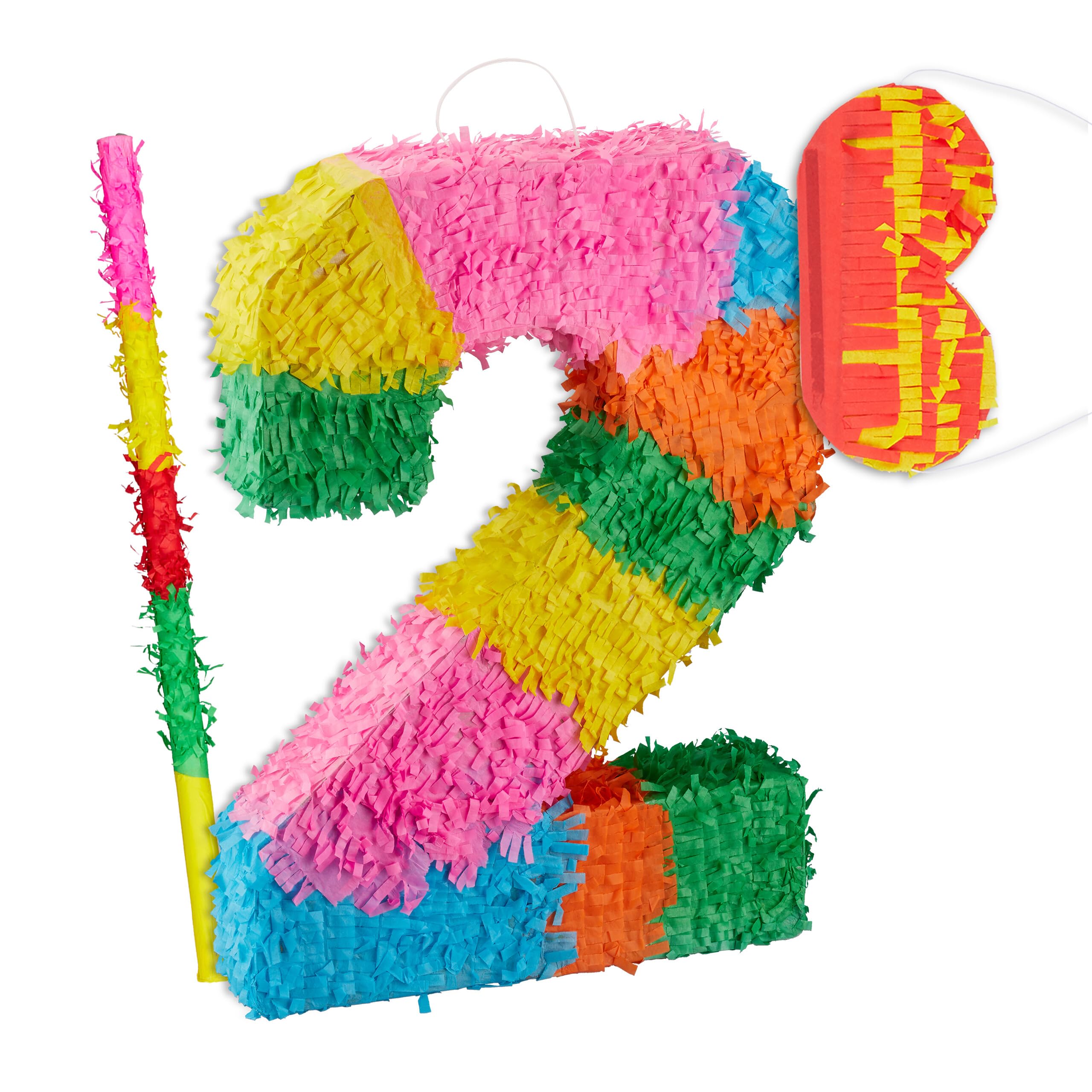 Relaxdays 3-częściowy zestaw Pinata na urodziny, cyfra 2, pręt do pinaty z maską na oczy, dzieci i dorosłych, piñata do samodzielnego napełniania, kolorowa