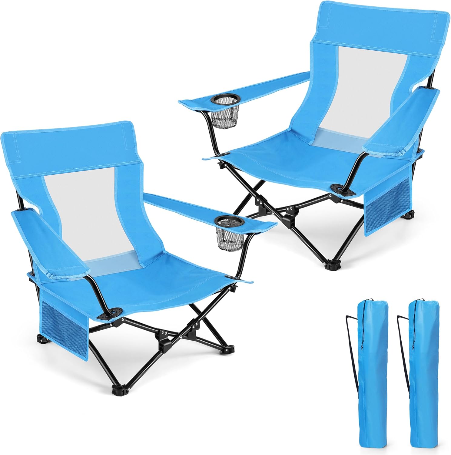 HaSteeL 2-Pack Portable Blue Folding Beach Chairs with Cup Holder