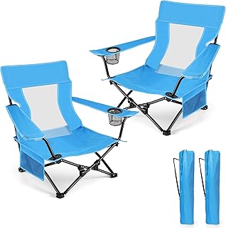 HaSteeL HaSteeL Folding Beach Chair Set of 2, Foldable Blue Camping Chairs for Outside, Low Beach Chair Portable for Adults Fishing, Picnic, Outdoor BBQ, Travel, Sports, Cup Holder & Storage Bag